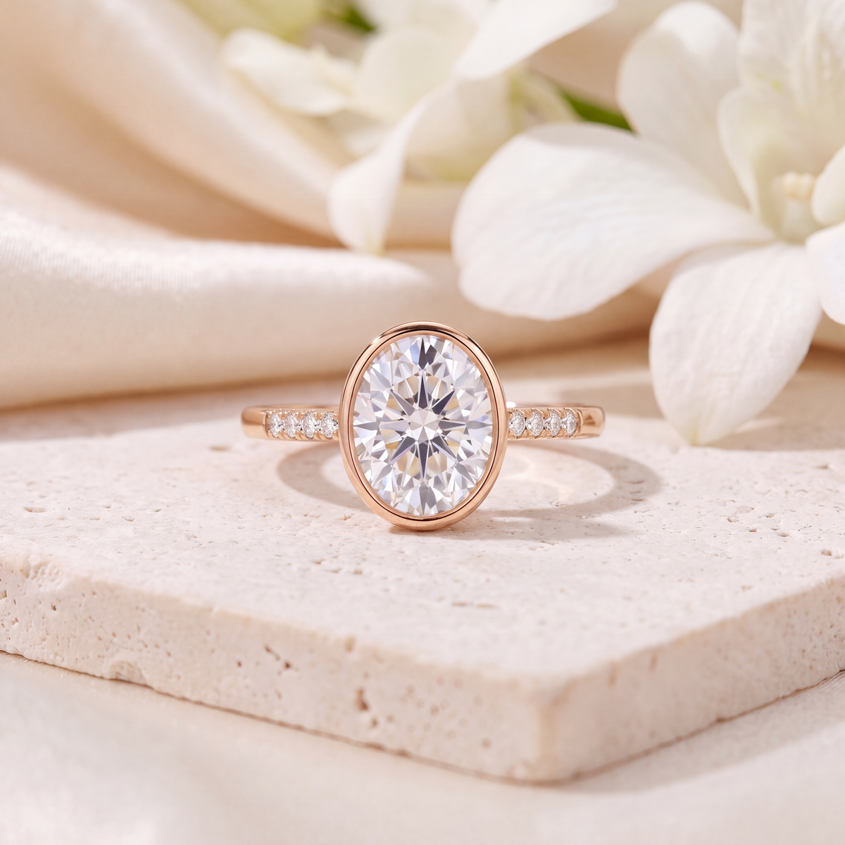 Rose gold oval moissanite bezel ring with side diamonds on a stone surface.