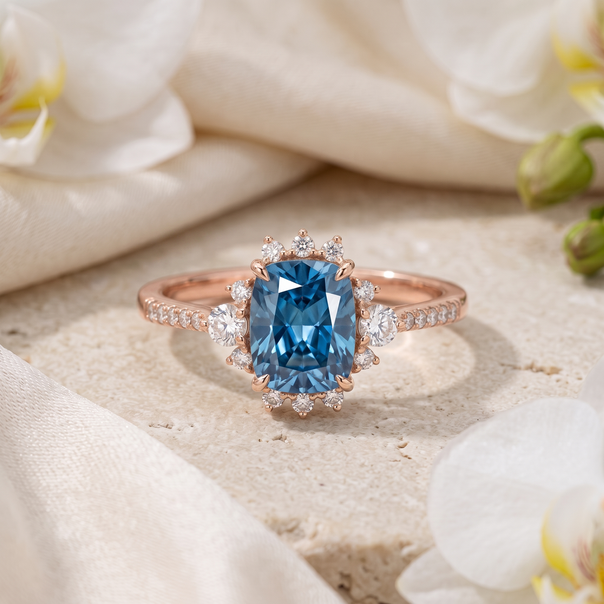 A rose gold vintage-style engagement ring with a cushion-cut blue moissanite center stone and diamond cluster halo.