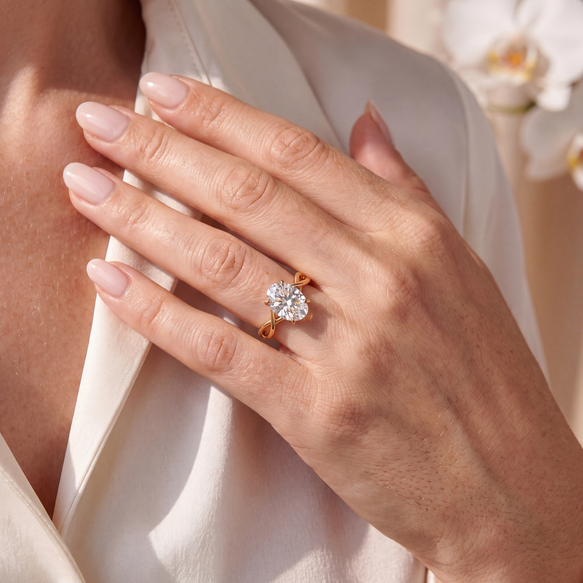 Lifestyle view of an oval moissanite yellow gold engagement ring worn on a hand touching a satin blouse.