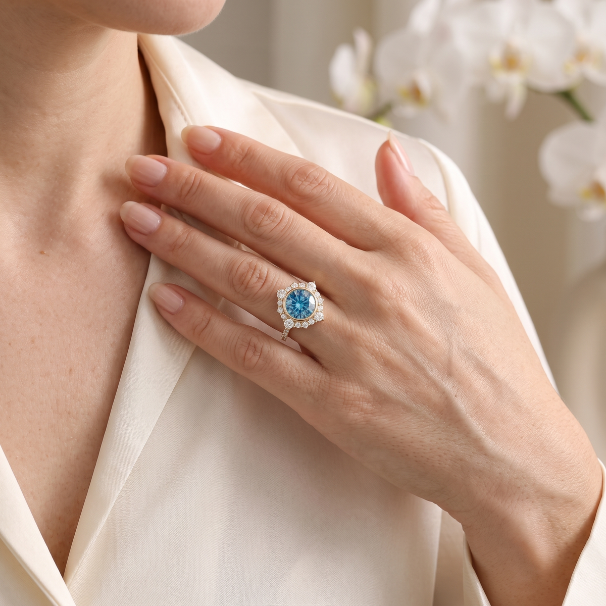 Woman wearing a vintage round blue moissanite halo ring in rose gold.