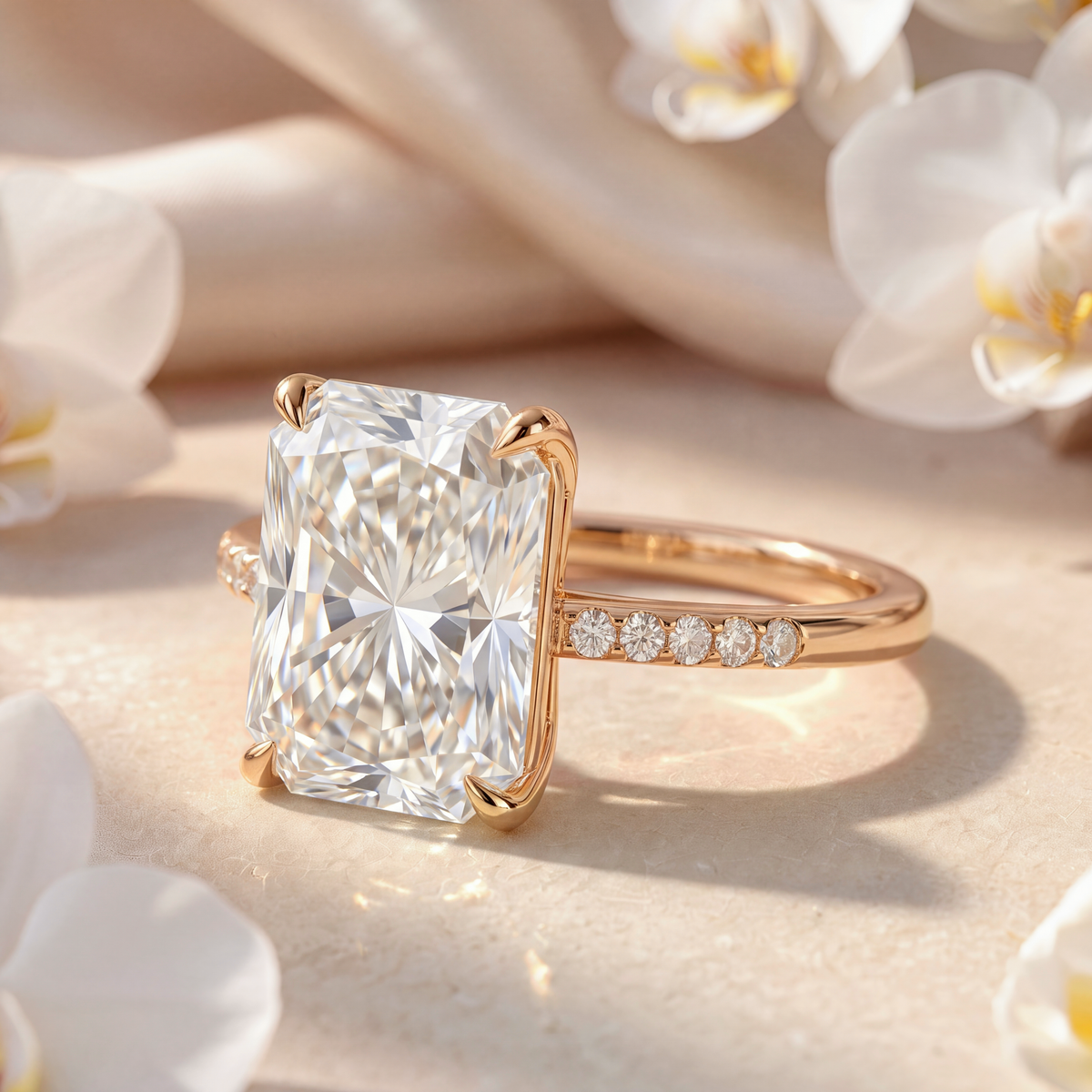 Angled side view of a radiant cut moissanite engagement ring in rose gold with a pavé band.