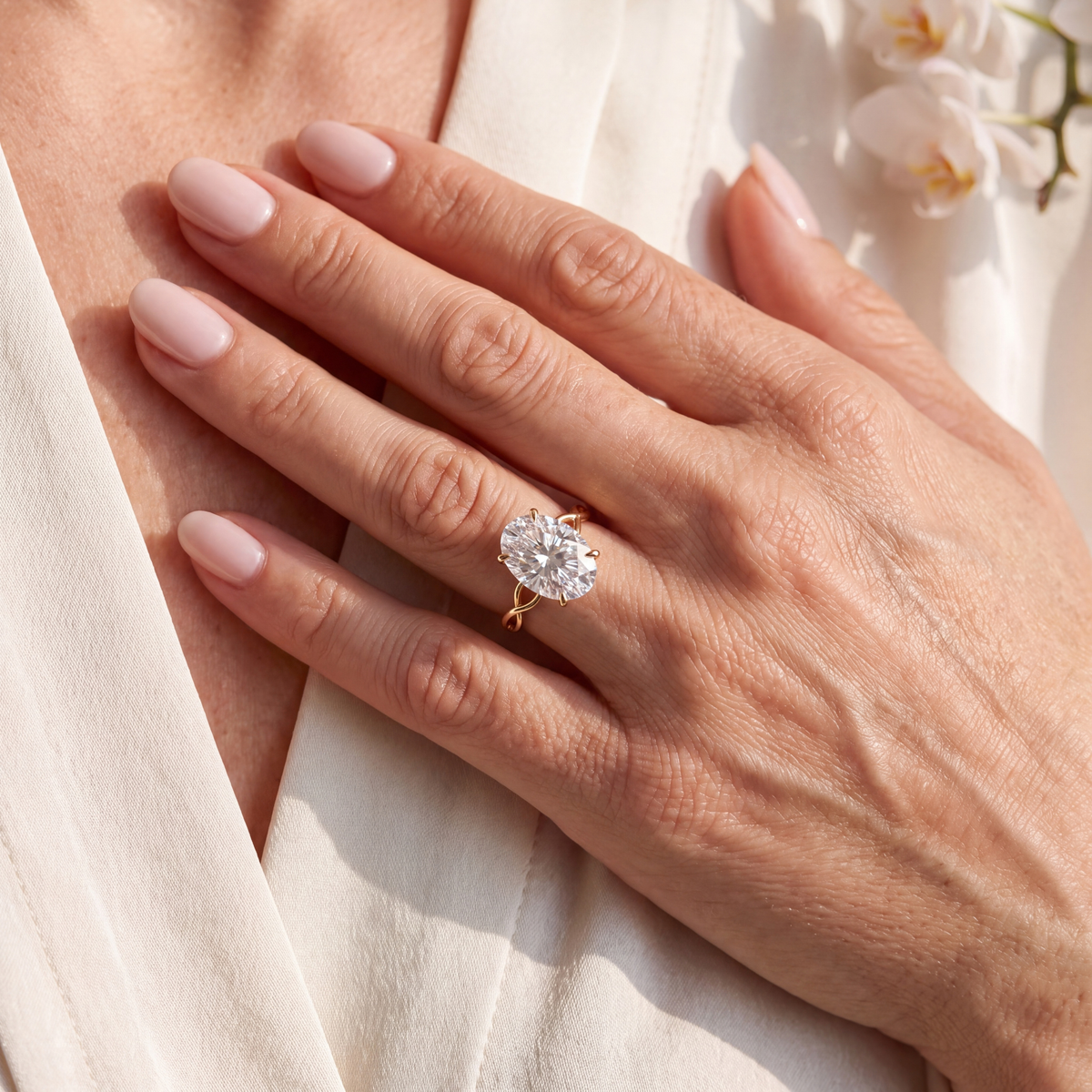 Close-up of a hand resting on chest showing an oval moissanite engagement ring in gold.