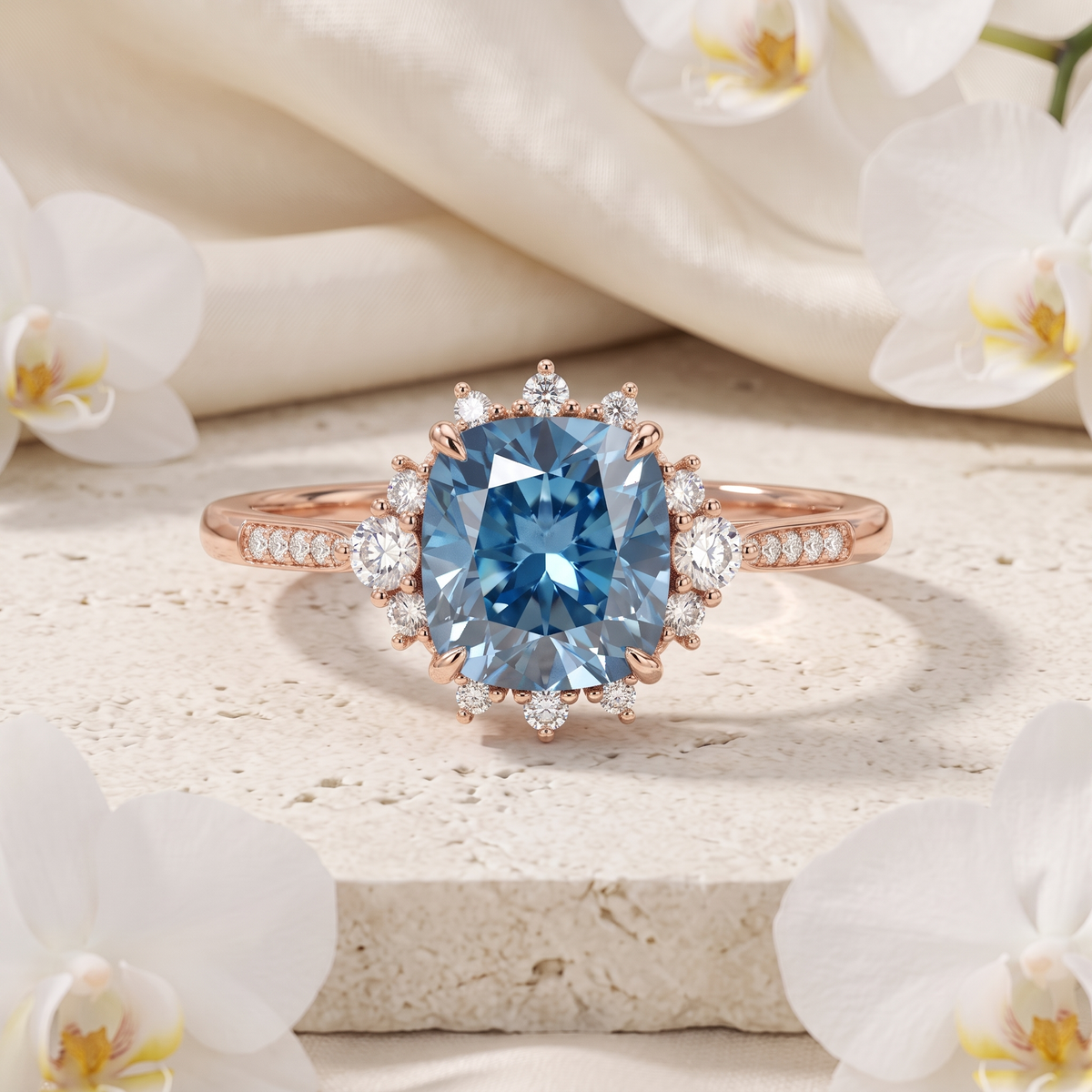 Front view of a rose gold cushion-cut blue moissanite halo ring displayed on a stone pedestal.