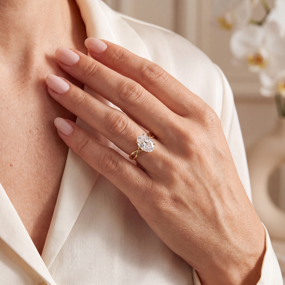Model wearing an oval moissanite engagement ring in yellow gold with hand placed on chest.