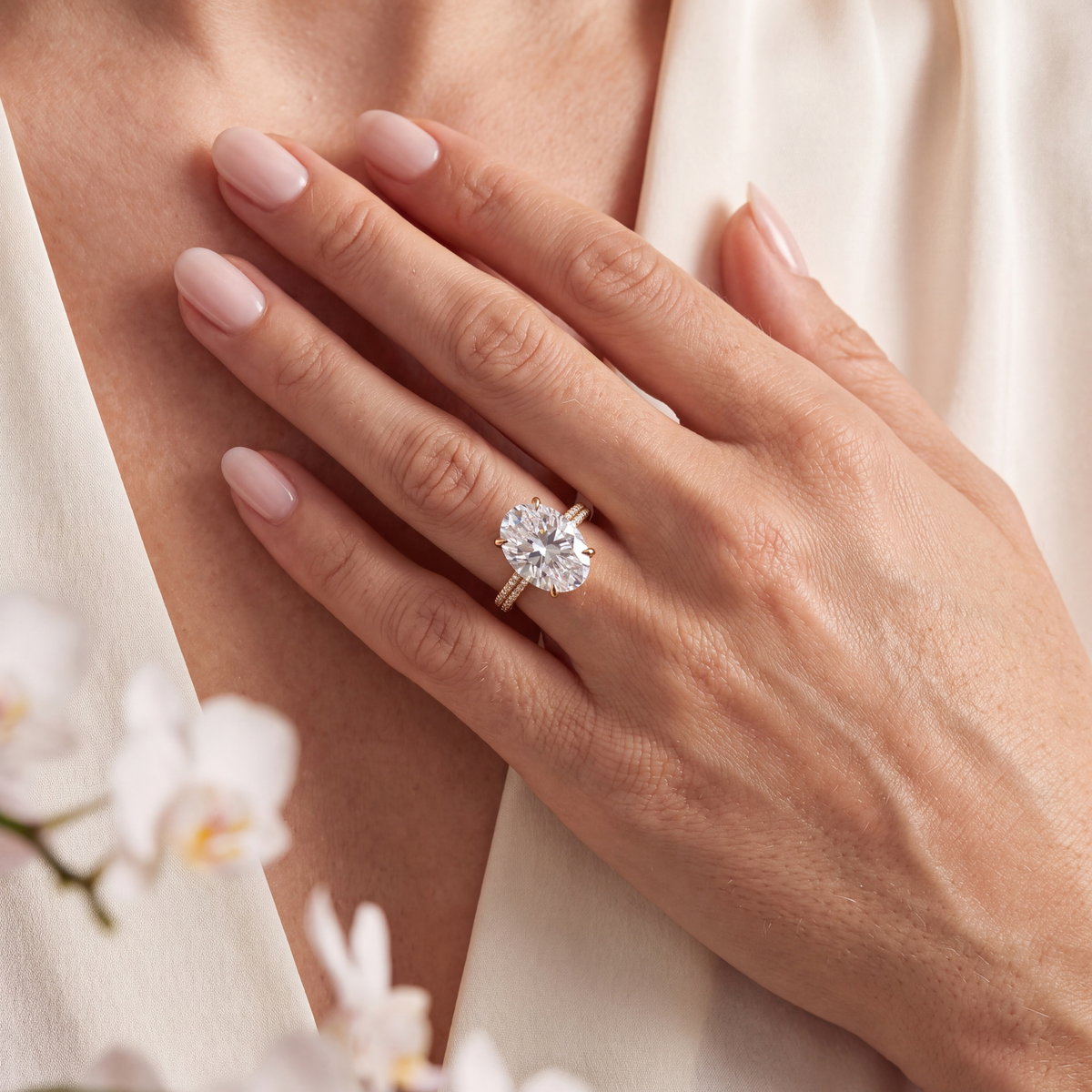 Model wearing an oval moissanite yellow gold engagement ring with a double pavé band placed on her chest.