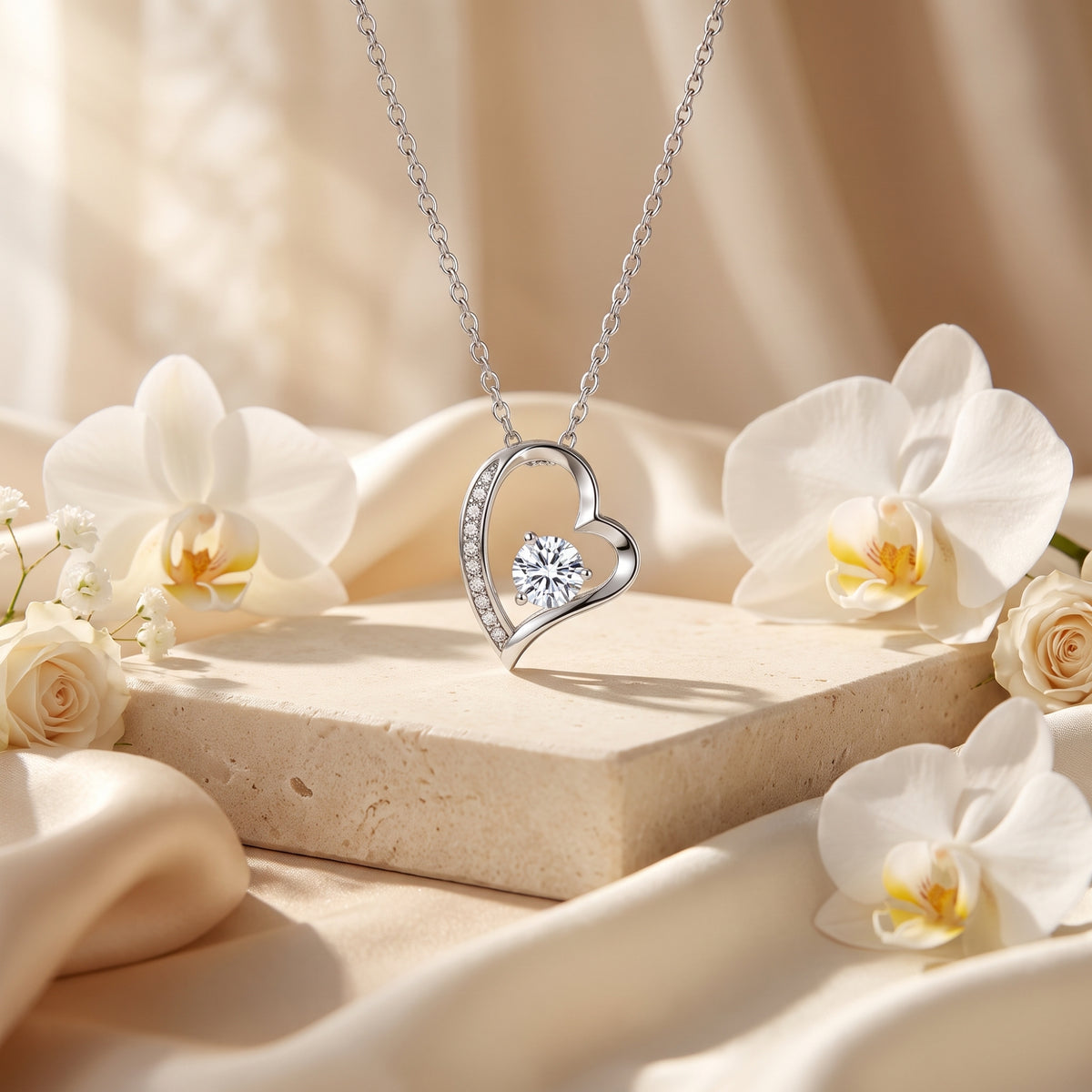 Close-up of the silver-finish heart pendant on a stone display plinth.