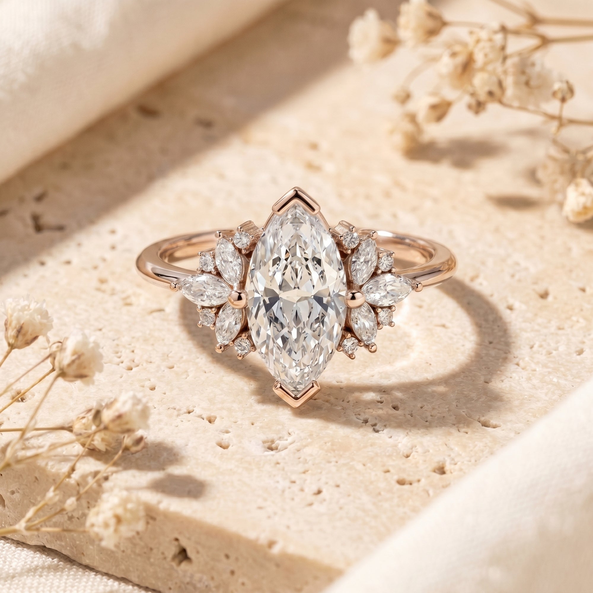 Rose gold marquise moissanite promise ring with cluster accents on a textured stone surface.