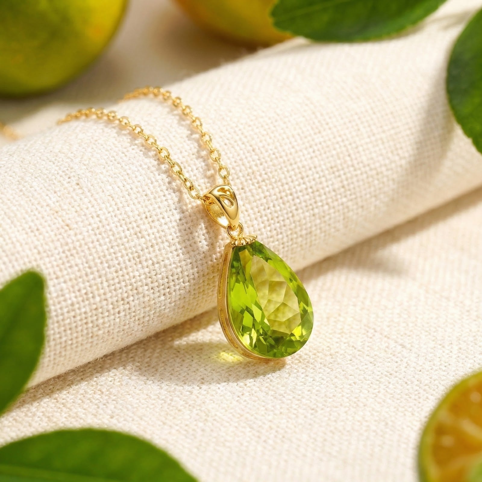 Teardrop simulated peridot necklace in 18K gold vermeil on white fabric with citrus fruit lifestyle background.