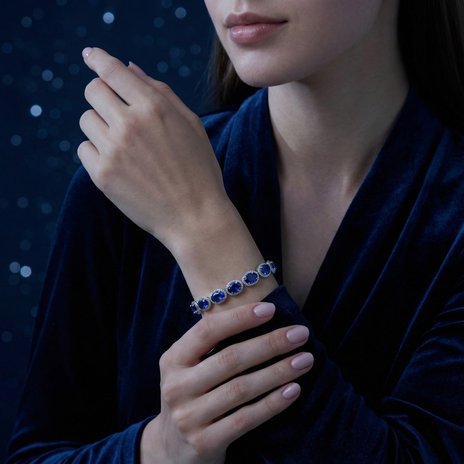Woman wearing a sterling silver bracelet featuring oval-cut royal blue simulated sapphires in halo settings.