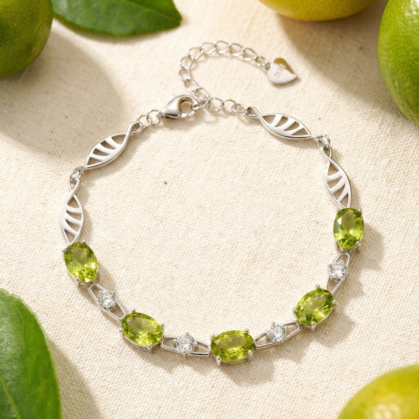 S925 sterling silver station bracelet with oval simulated peridot stones on a textured background with limes.