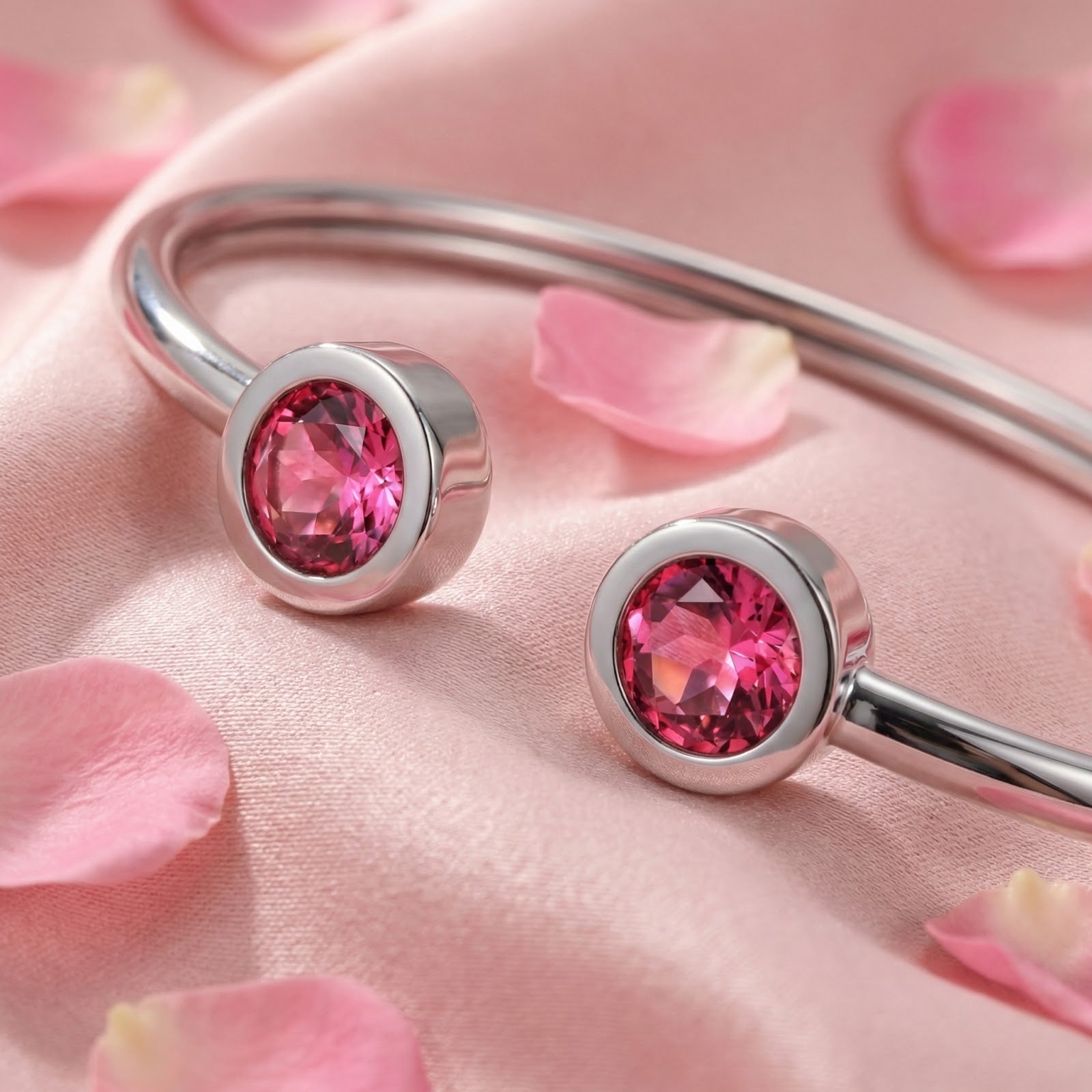 Close-up of round pink tourmaline stones in the silver stainless steel Lyrielle cuff bracelet on pink fabric.