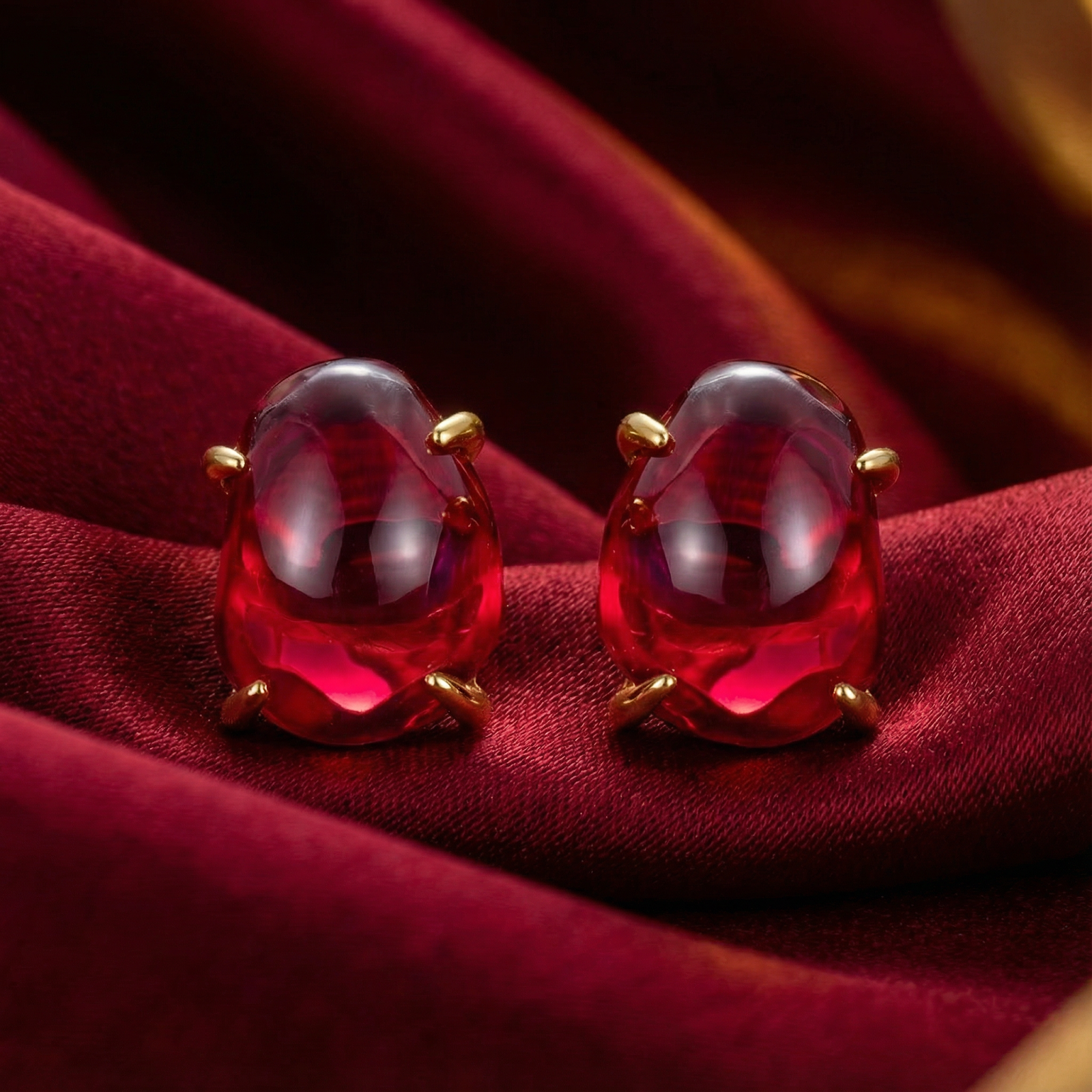 Rubina stud earrings featuring cabochon simulated rubies in 18K gold vermeil on a red satin background.