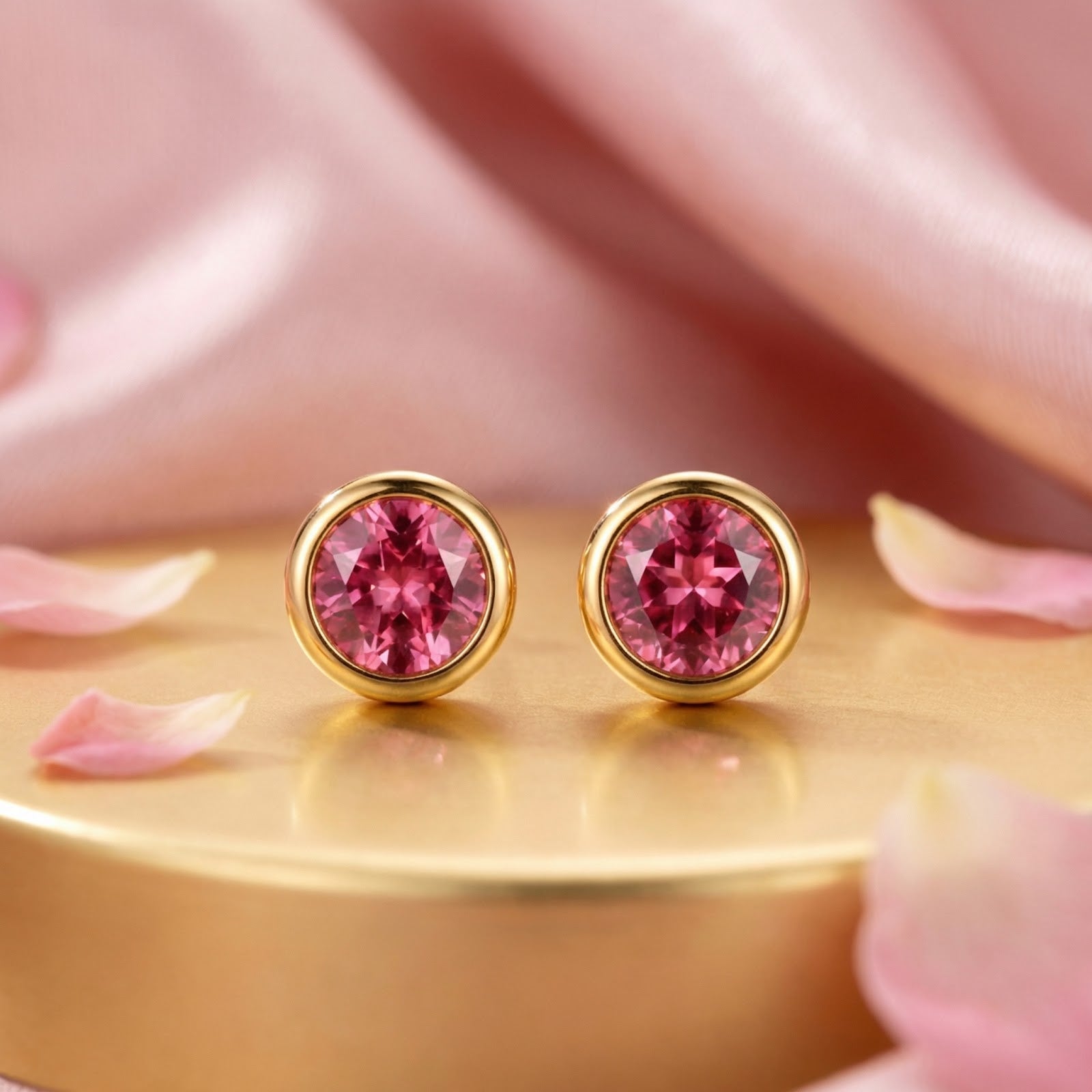 Front view of Marisel 18K gold vermeil bezel studs with round cut pink tourmaline on a gold pedestal.