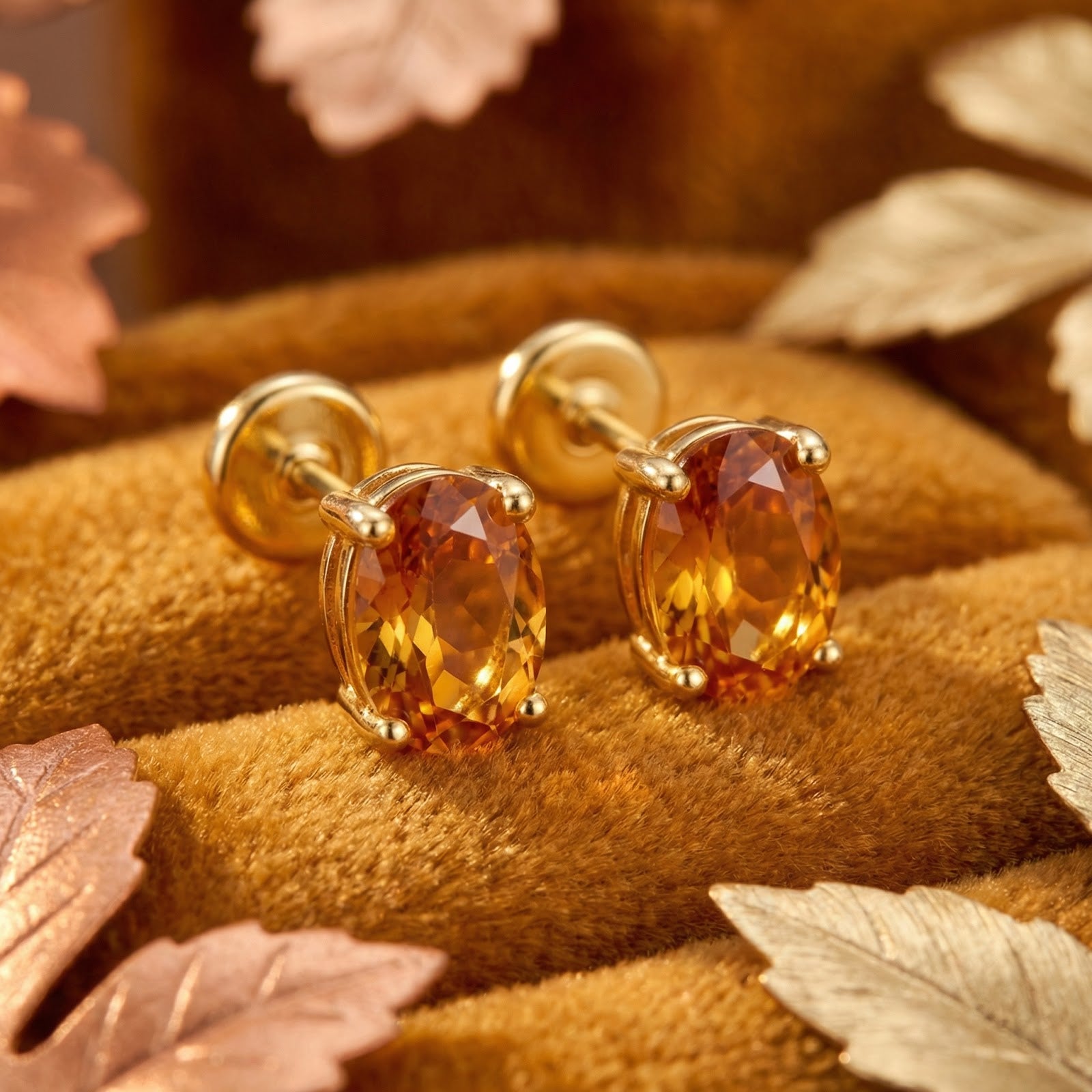 Macro view of oval cut honeyed simulated topaz stud earrings in 18K gold vermeil prong settings.