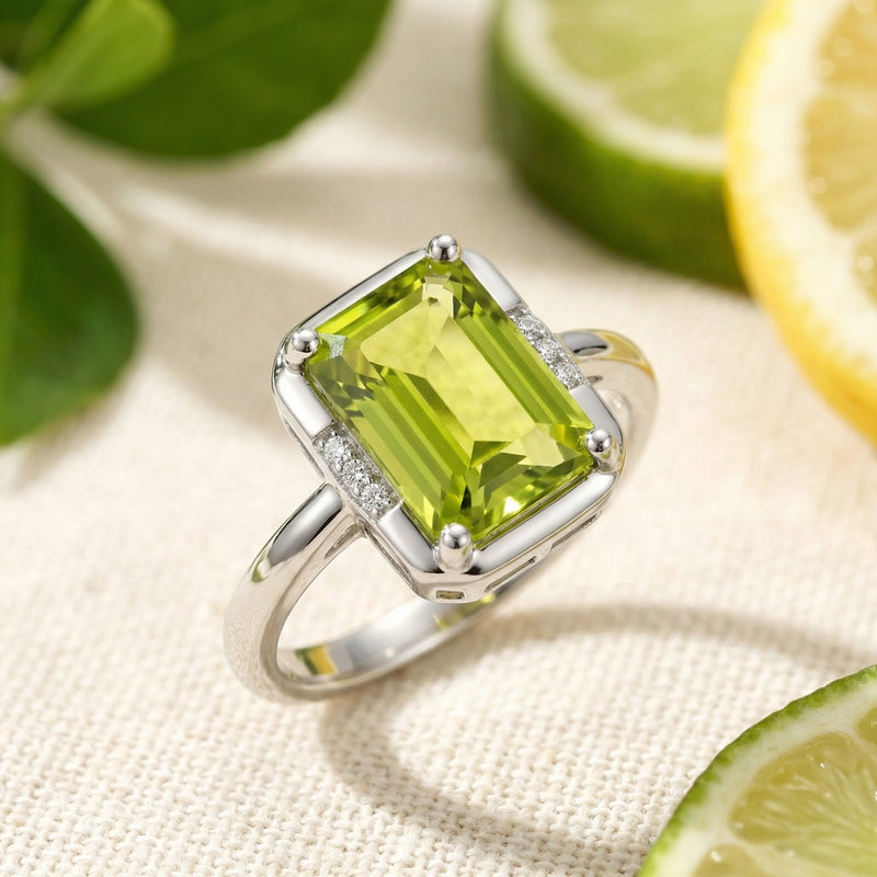 Macro view of the emerald cut simulated peridot stone and side accents in a sterling silver ring.