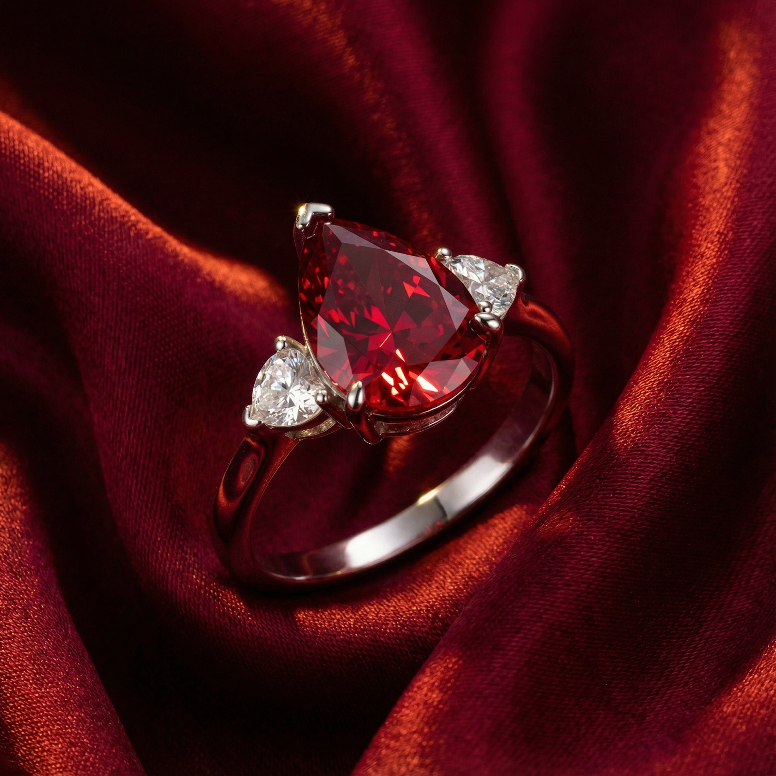 Teardrop simulated ruby ring in S925 sterling silver resting on a red satin background.