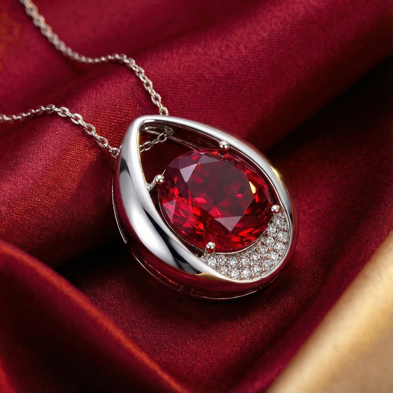 Close-up of the round simulated ruby in a silver pear-shaped setting on red satin fabric.