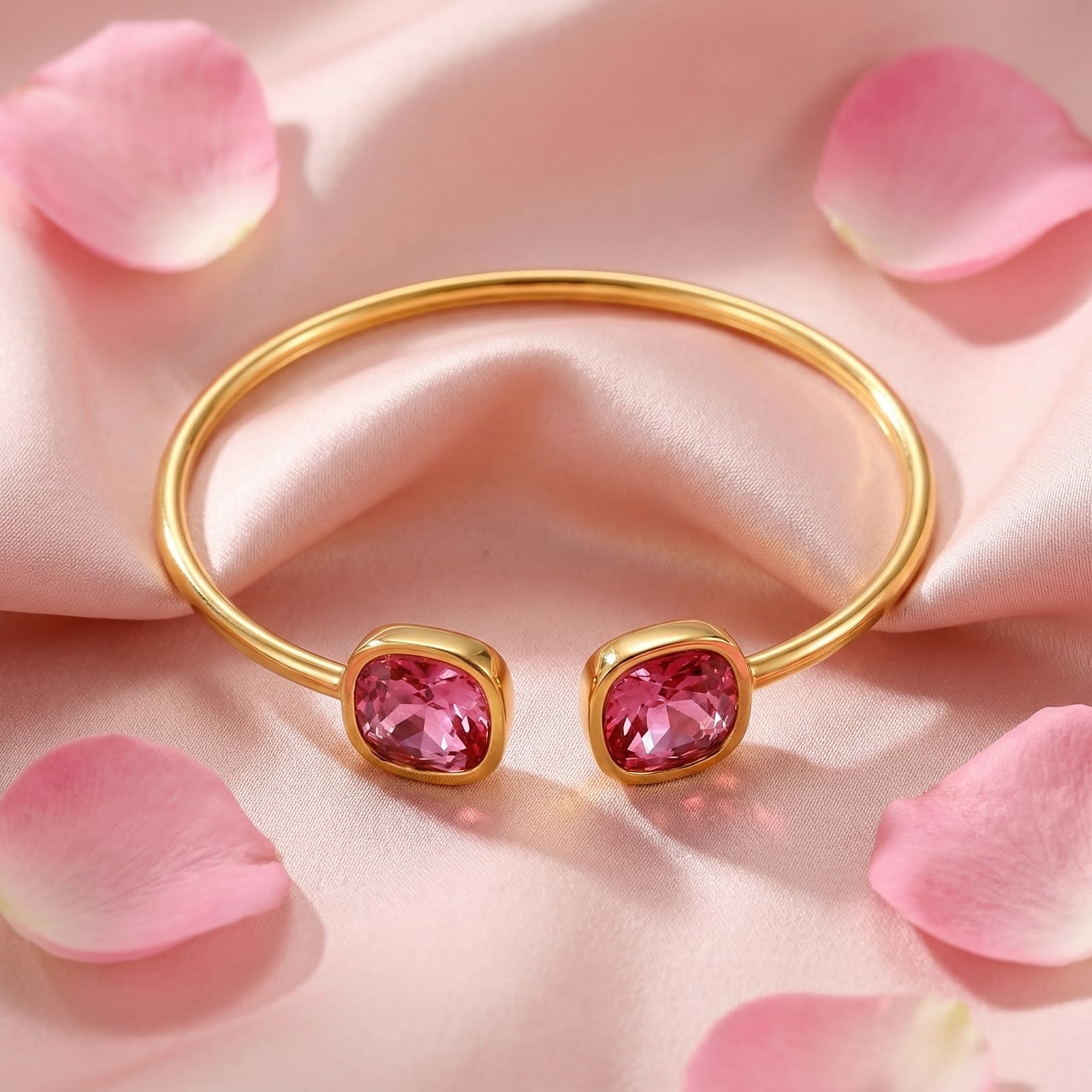 Front view of a gold-toned stainless steel cuff with two cushion-cut pink simulated tourmalines on pink fabric.