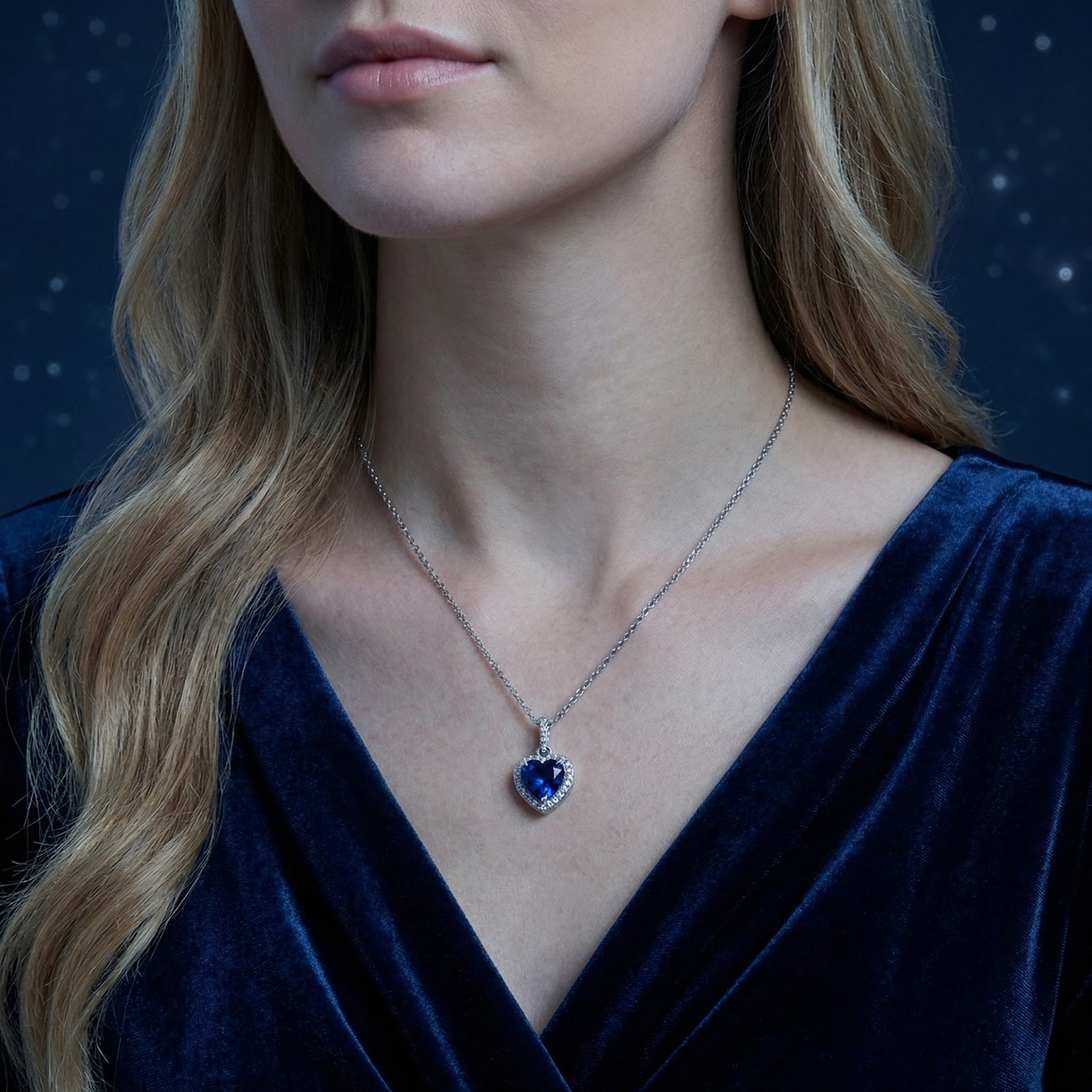 Woman wearing the Evaluna heart-shaped simulated sapphire necklace in sterling silver over a blue velvet dress.
