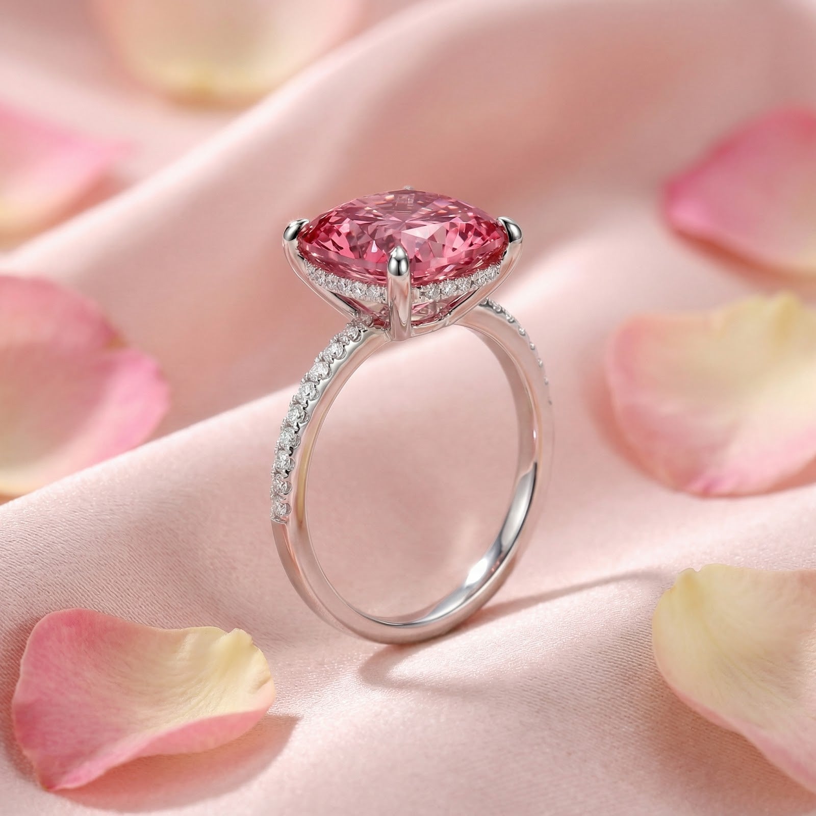 Side profile of the Rosaraea cushion ring showing the hidden halo and pave band in S925 sterling silver.