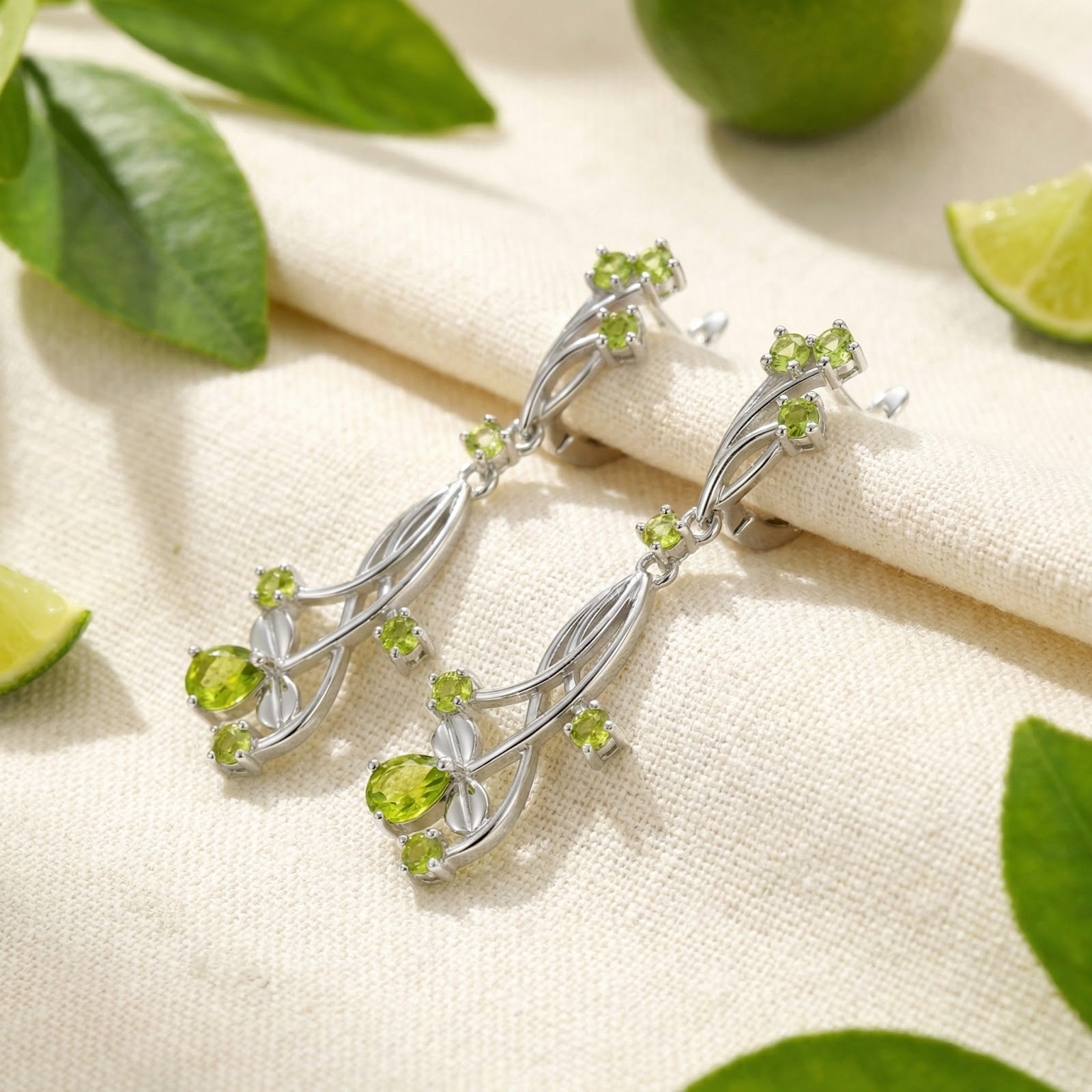 Macro view of sterling silver vine earrings showing pear-cut and round-cut green simulated peridot stones.