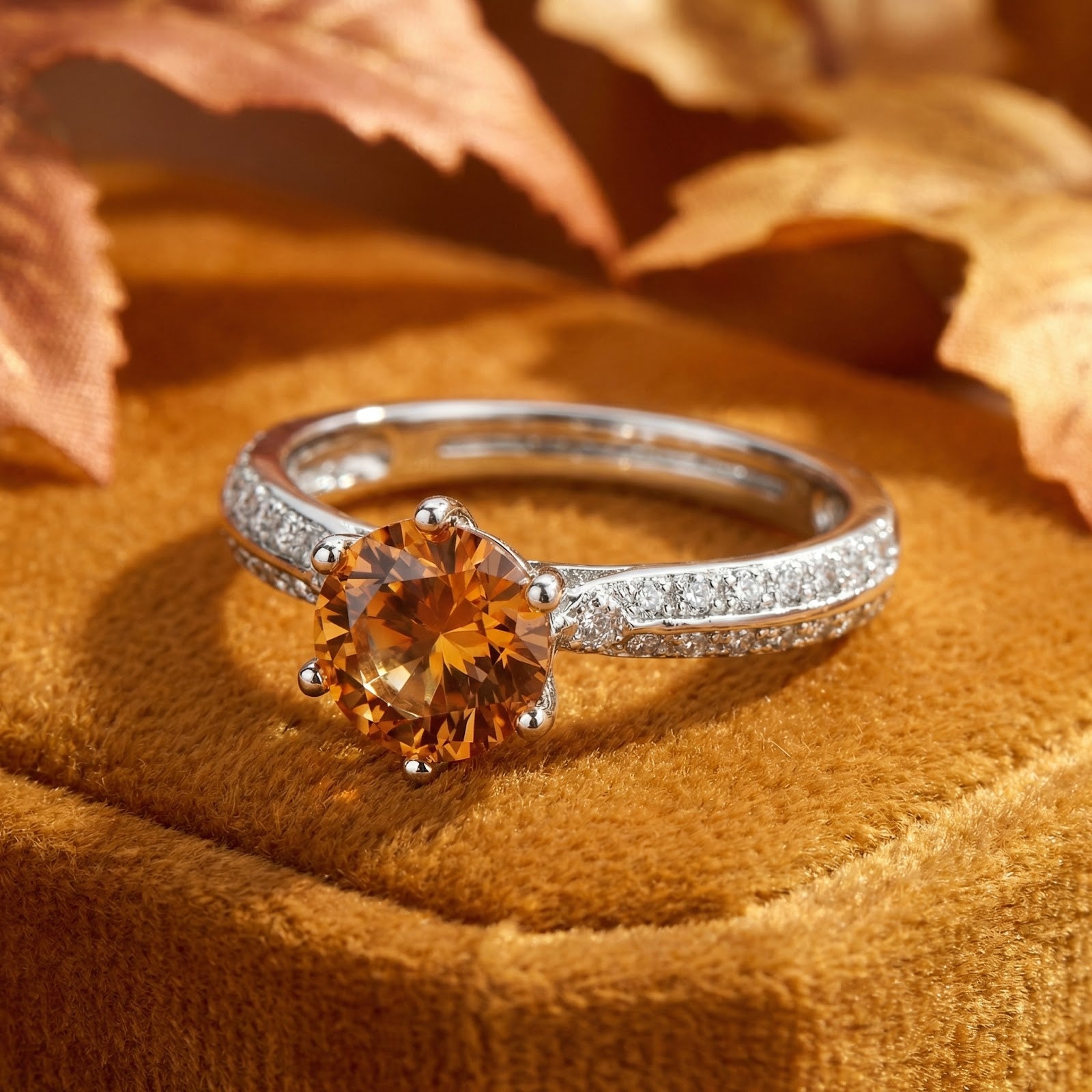 Macro view of the round simulated topaz and pavé-set sterling silver band on a velvet background.
