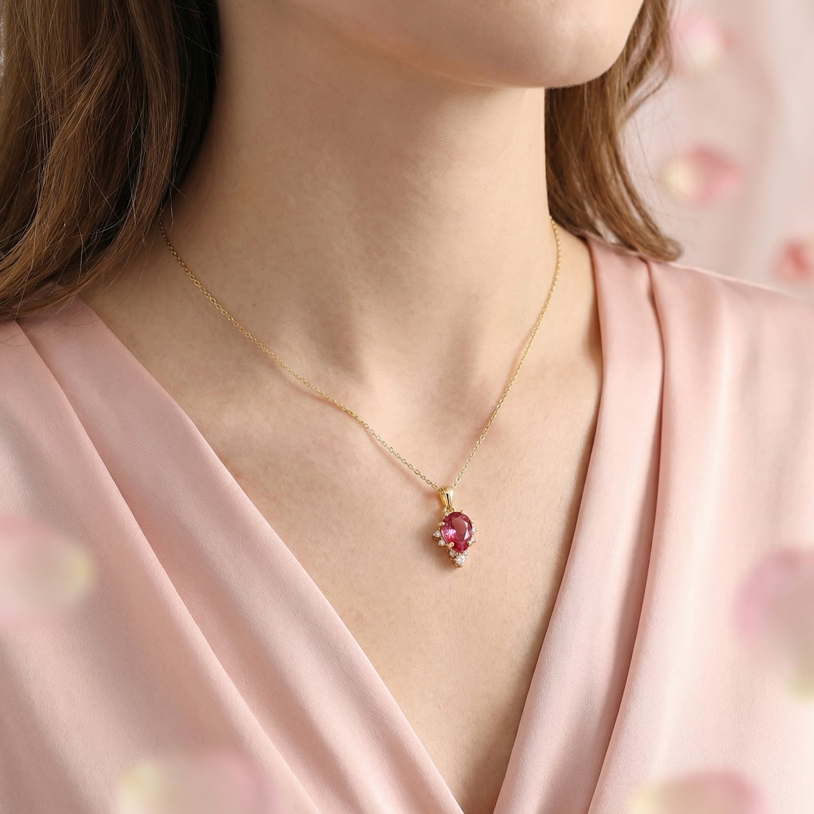 Woman wearing the Iselara pear-cut simulated pink tourmaline necklace in 18K gold vermeil on a pink top.