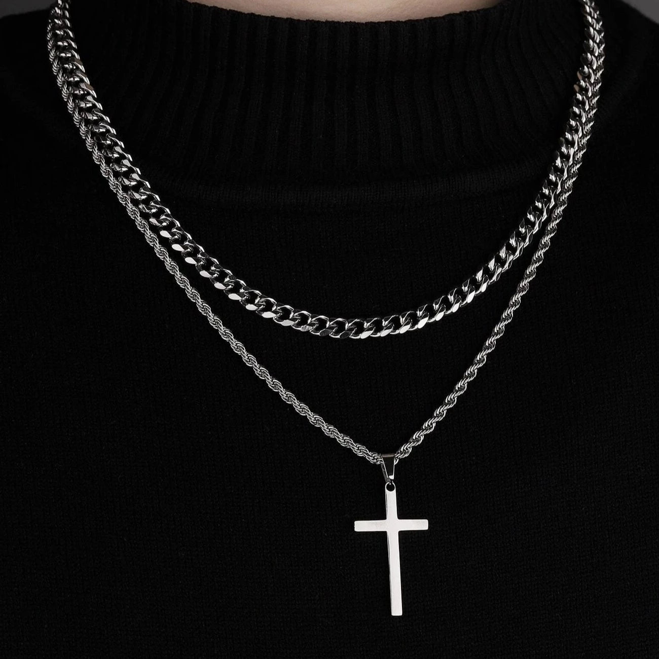 18K Gold Men's Double Layer Cross Pendant Charm Necklace