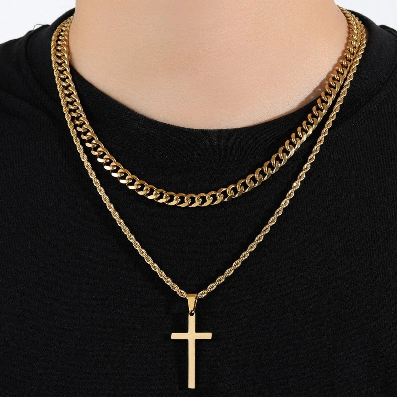 18K Gold Men's Double Layer Cross Pendant Charm Necklace
