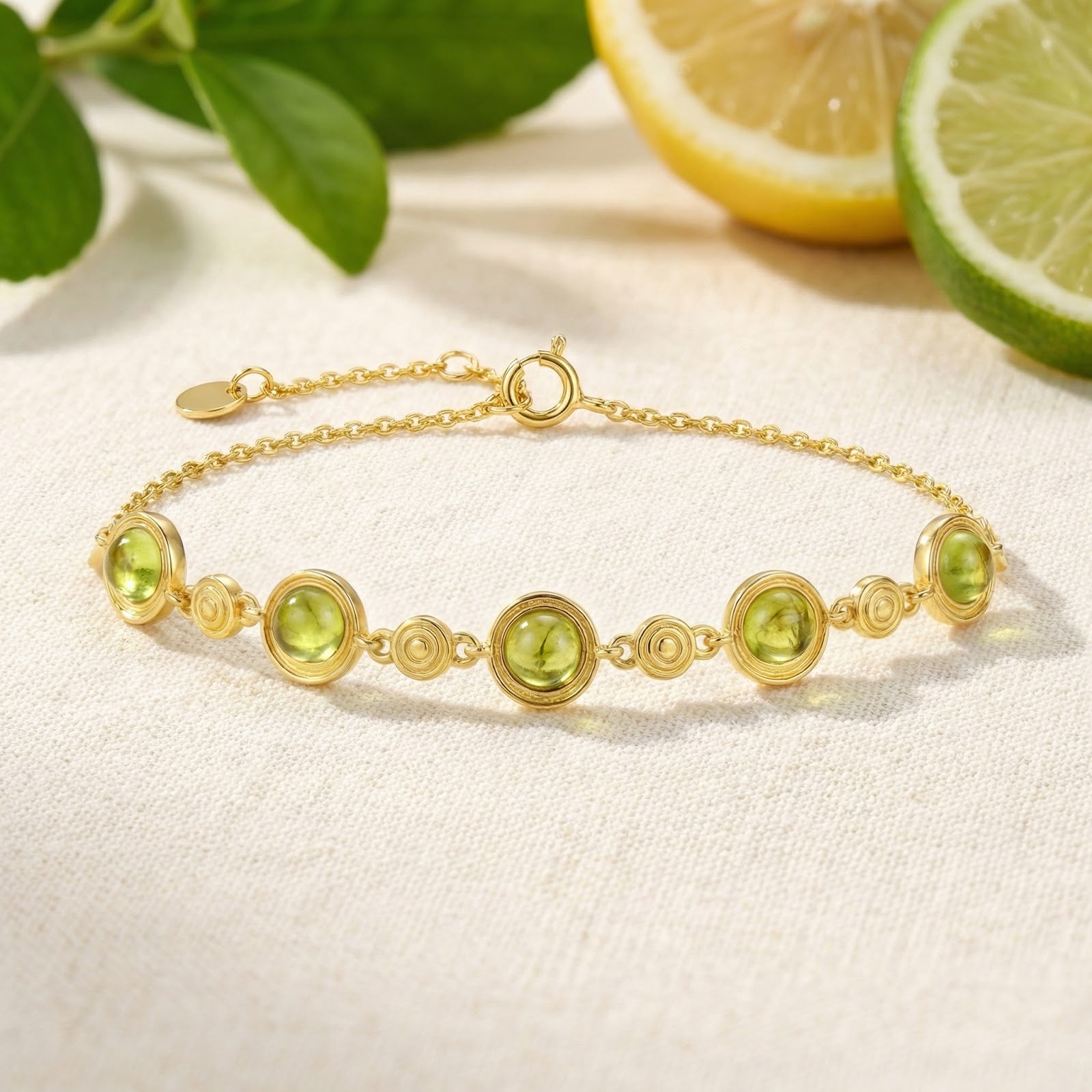18K gold vermeil station bracelet with round cabochon simulated peridot stones on a lifestyle background with citrus.