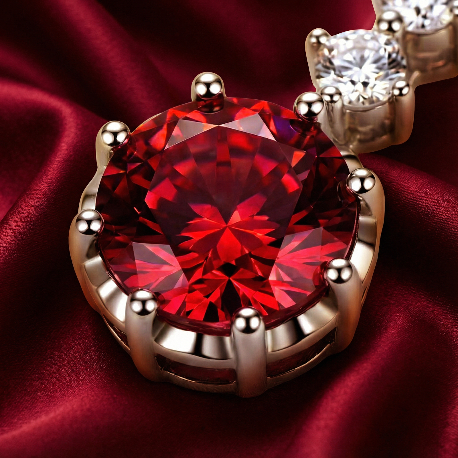 Macro detail of the precision-cut pigeon blood red simulated ruby in a silver setting with clear accent stones.