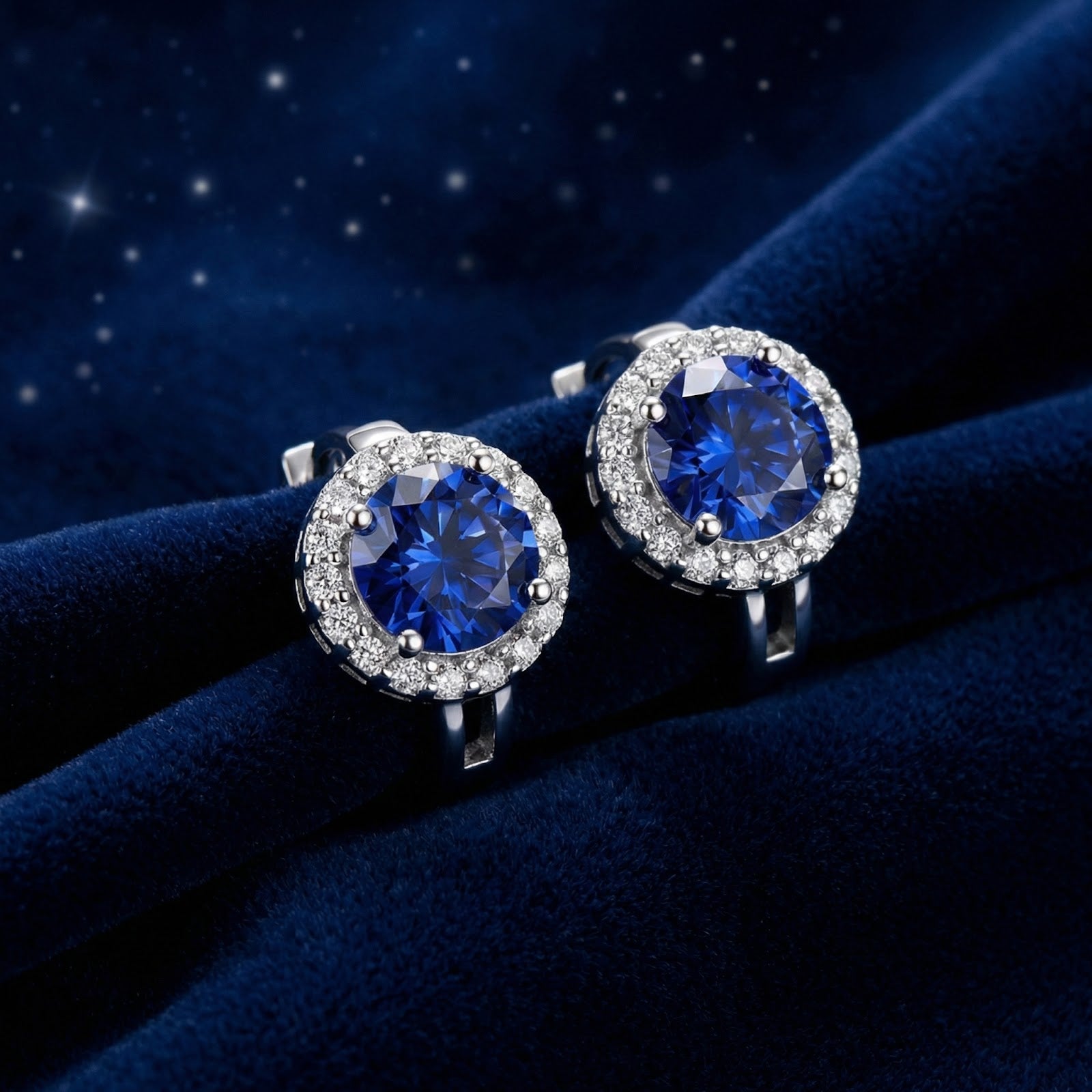 Round cut blue moissanite halo stud earrings in sterling silver on blue velvet with a starry background.