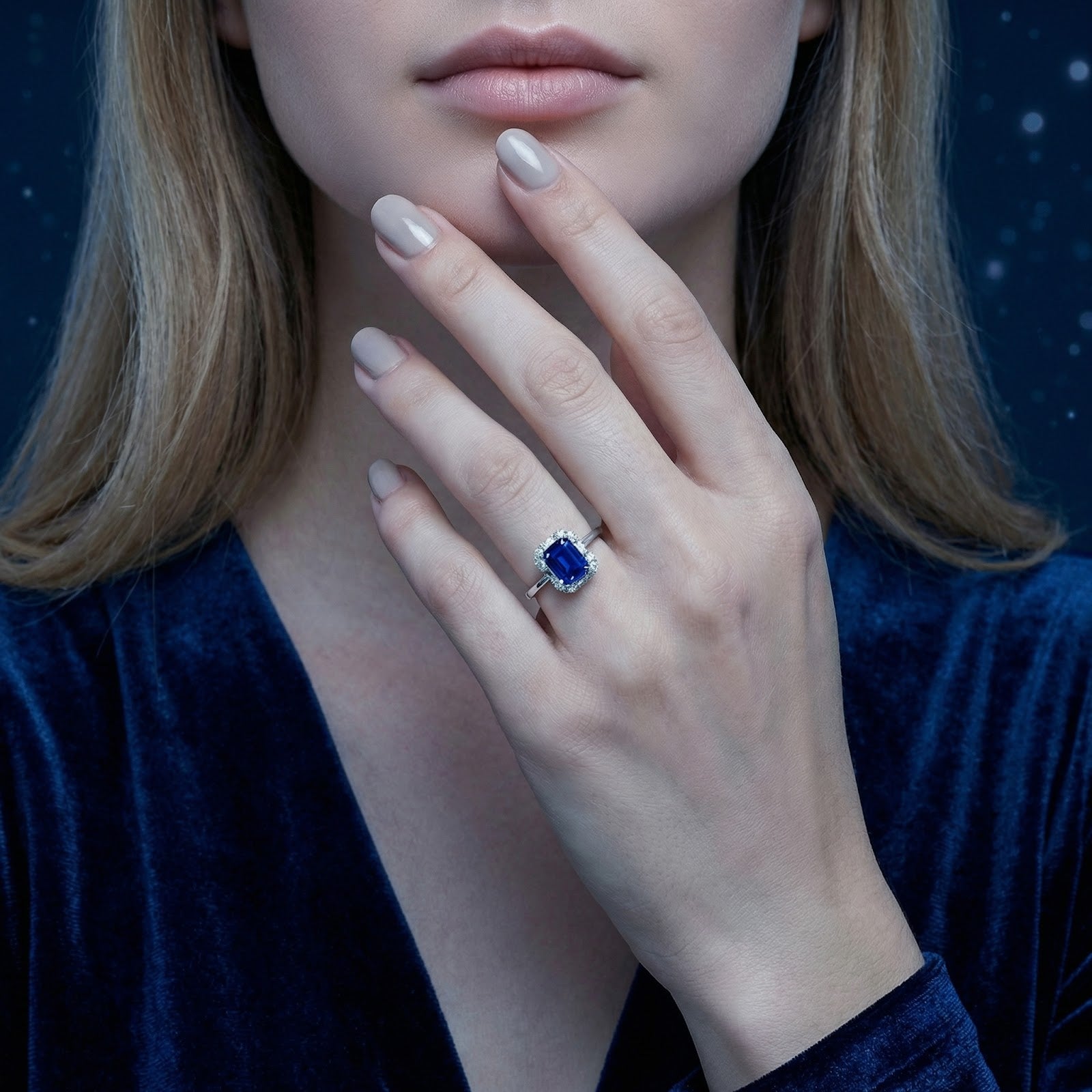 Model wearing the octagon-cut simulated sapphire sterling silver ring on her finger with a blue velvet dress.