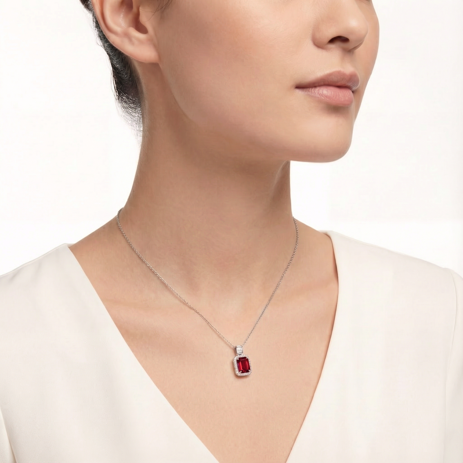 Silver emerald cut simulated ruby halo necklace displayed on a model's neck.