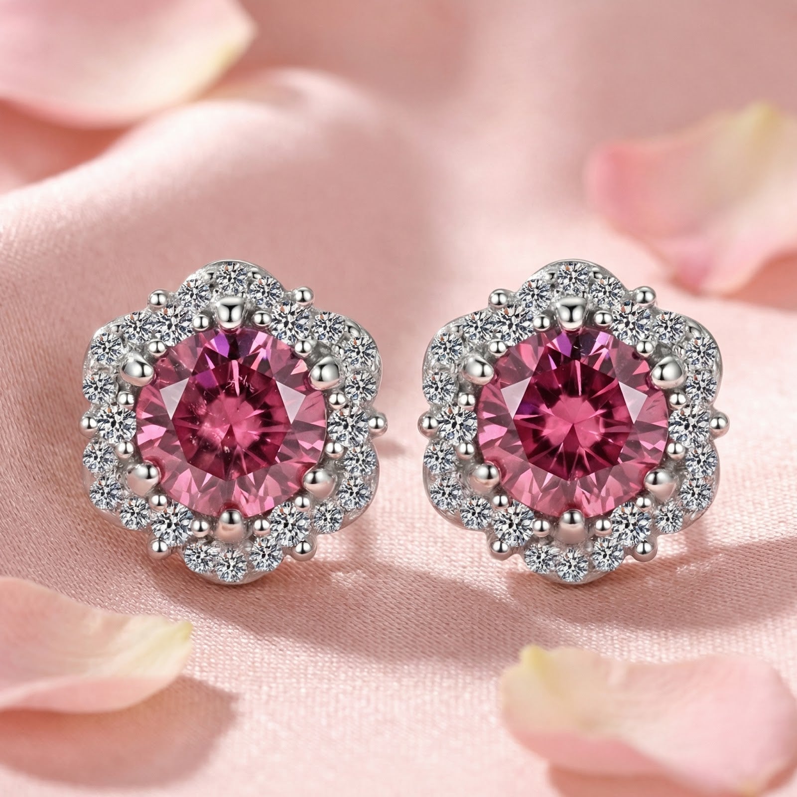 Round cut simulated pink tourmaline halo stud earrings in S925 sterling silver on pink fabric with rose petals.