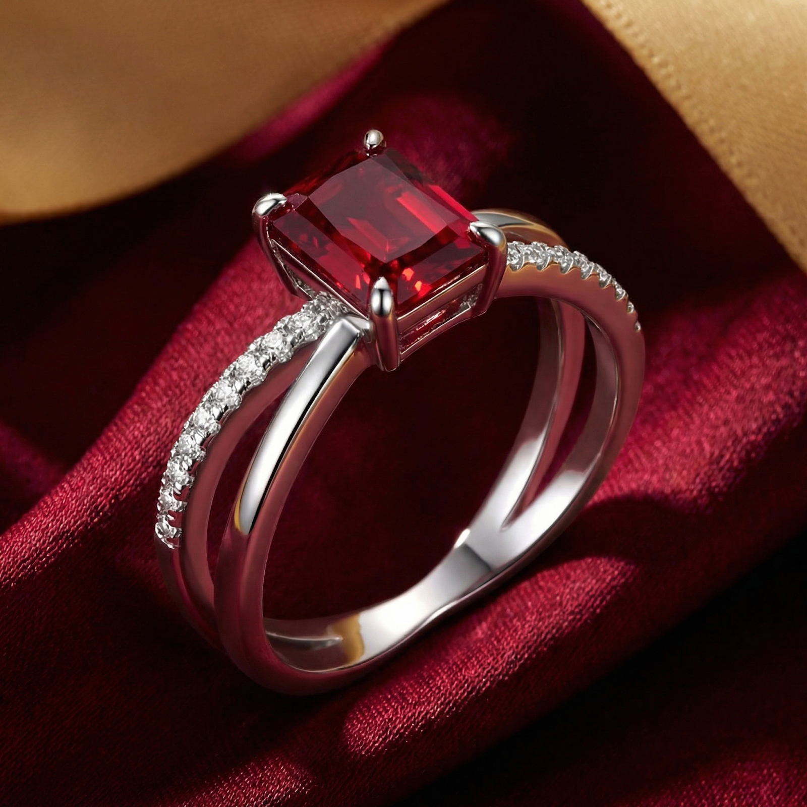 Side view of the Rhosaria radiant cut simulated ruby ring in sterling silver on a red fabric background.