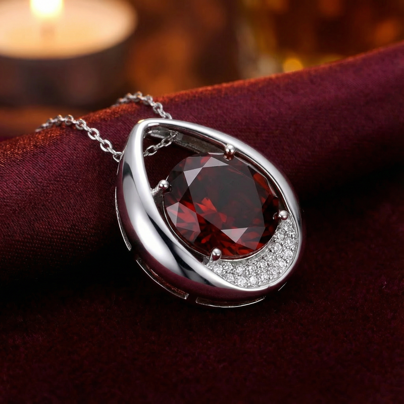Sterling silver necklace featuring a round Bohemian Red simulated garnet in a teardrop halo on red velvet.