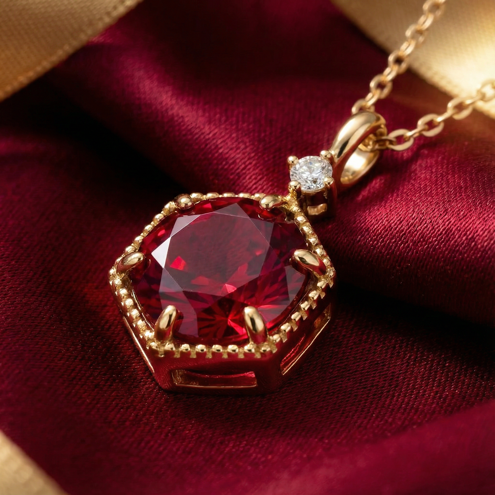 Angled macro view of the hexagonal 18K gold vermeil setting and simulated ruby on red fabric.