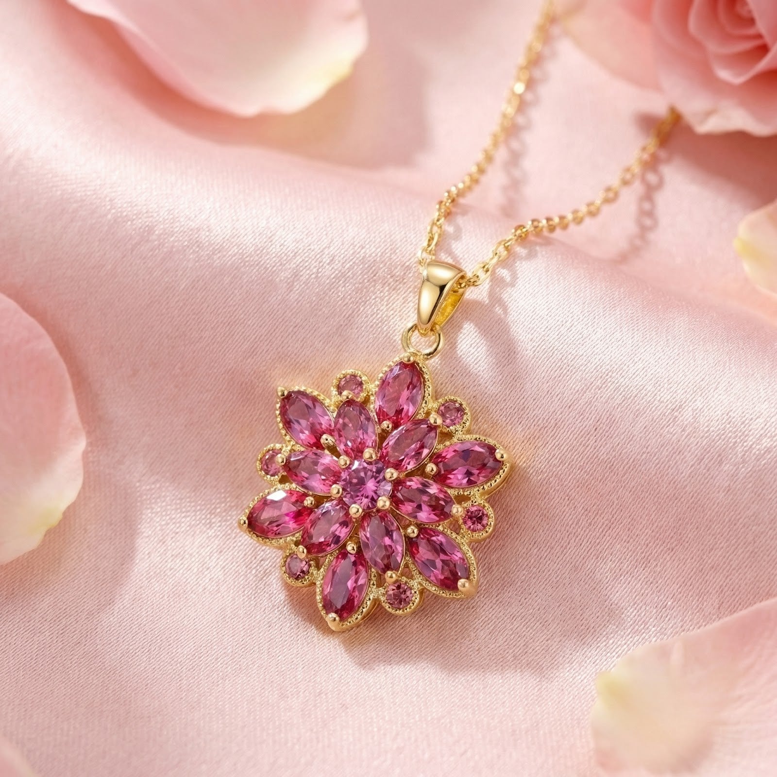 Gold finish floralise pendant with marquise pink tourmaline stones on pink silk with rose petals.