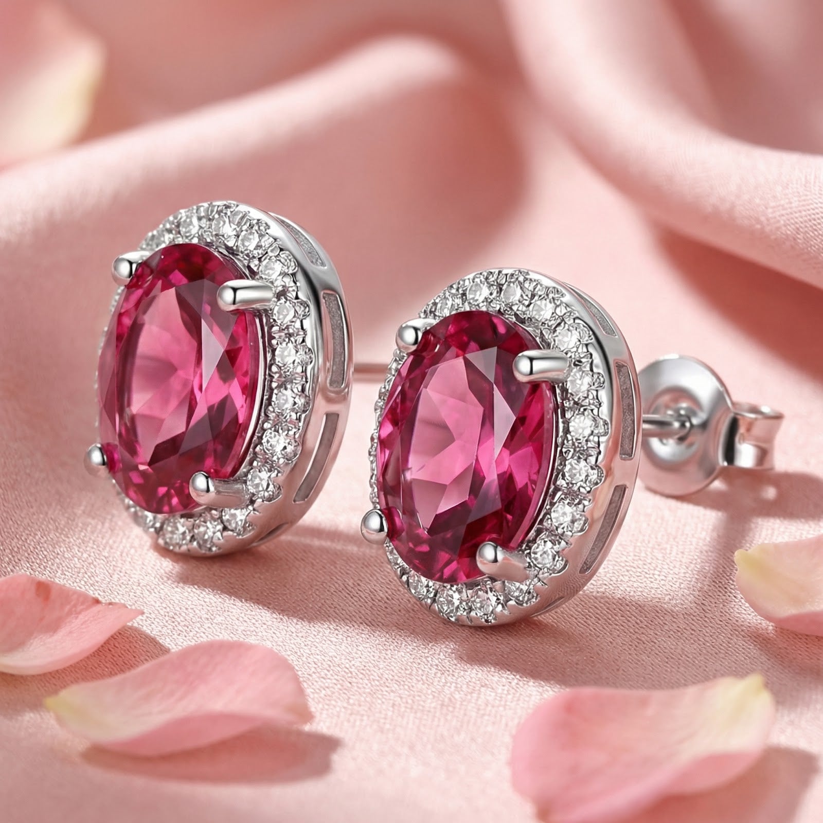 Angled side view of sterling silver halo stud earrings showing the oval pink tourmaline and basket setting.