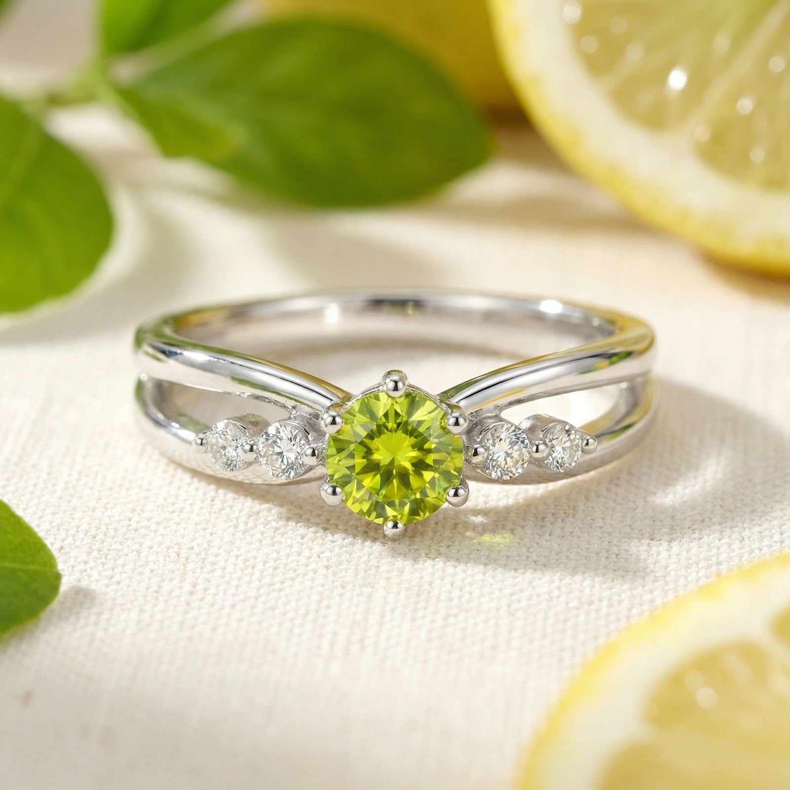 Close-up of the Zelinda sterling silver bypass ring featuring a vibrant round-cut simulated peridot.