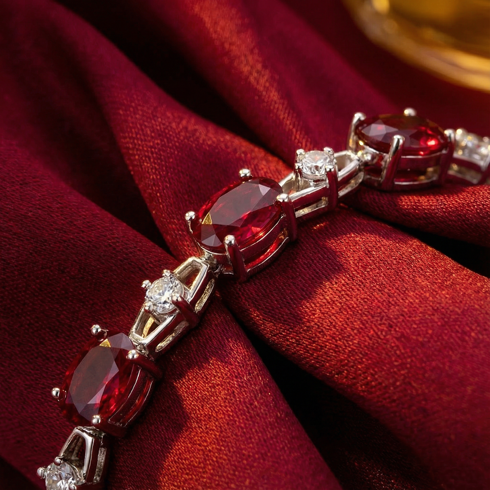 Close-up of oval-cut simulated rubies and clear accent stones in a sterling silver bracelet setting.