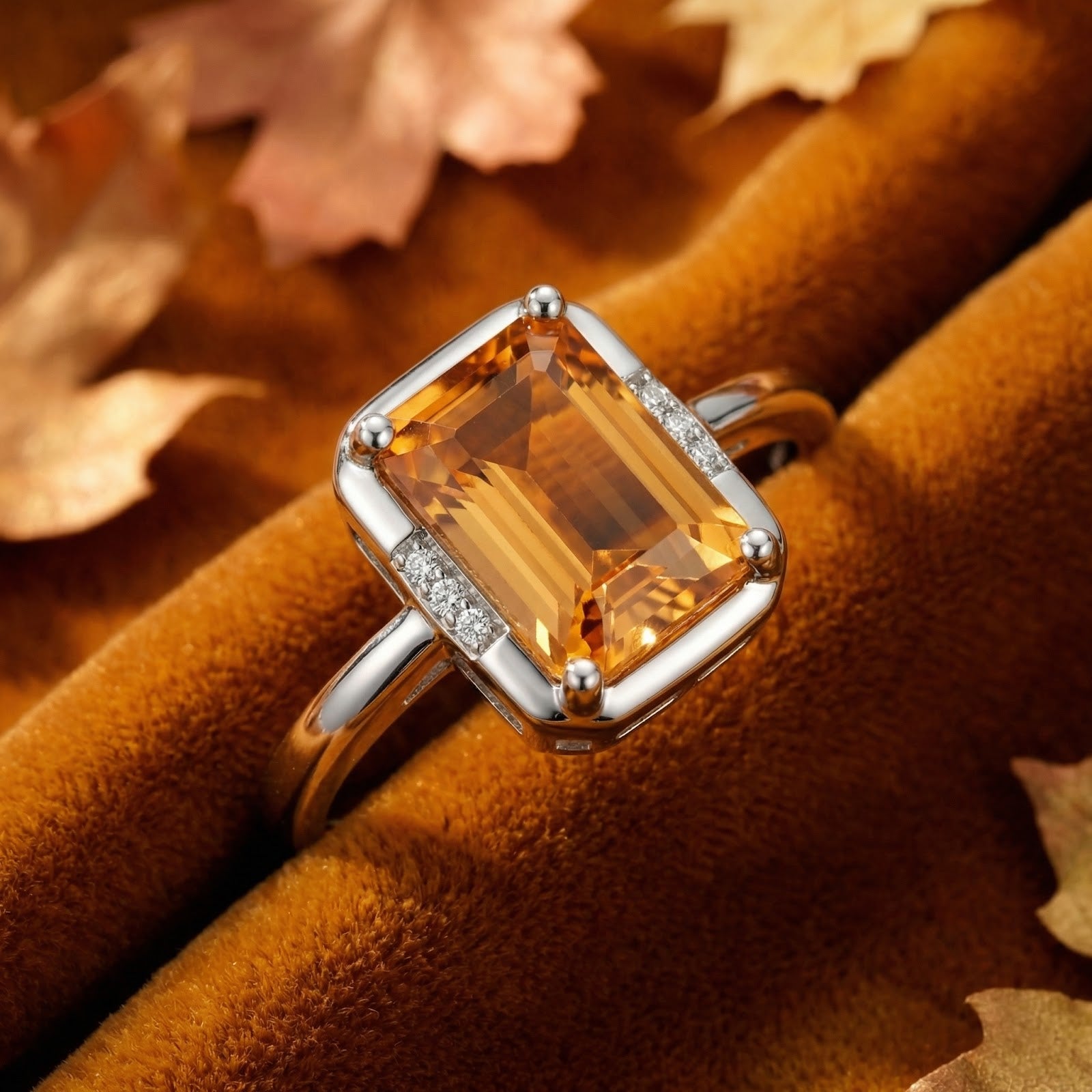 Close-up of an octagon-cut honey topaz ring in sterling silver showing the precision-cut stone and side accents.