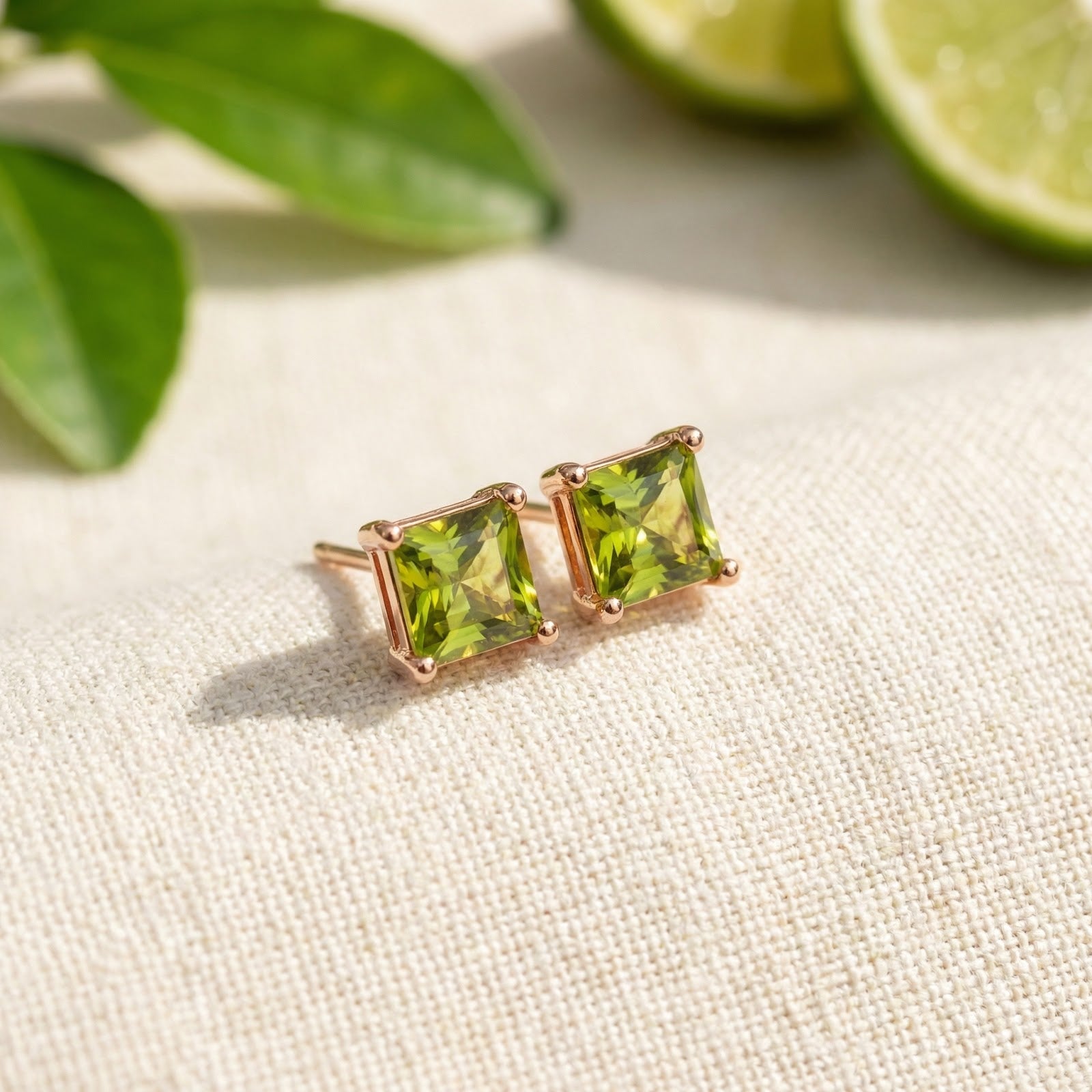 Square cut simulated peridot stud earrings in 18K rose gold vermeil on a textured fabric lifestyle background.