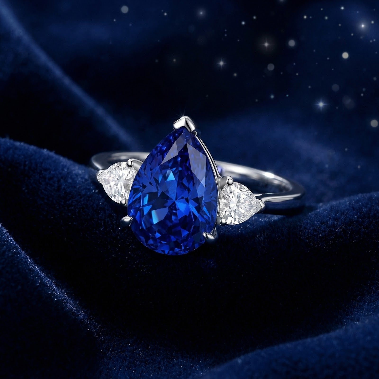 Pear-cut simulated sapphire ring in S925 sterling silver with trillion accents on blue velvet.