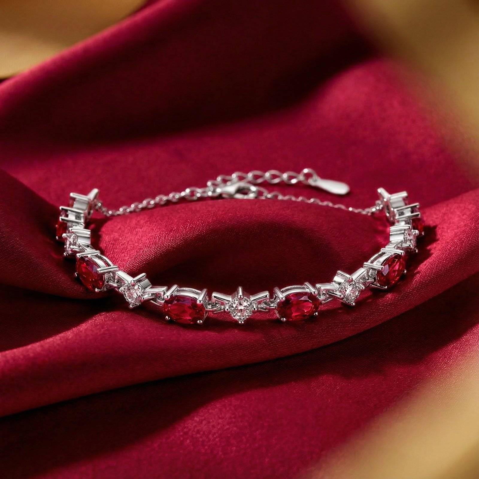 Sterling silver station bracelet with oval-cut simulated rubies and clear accents on red silk fabric.