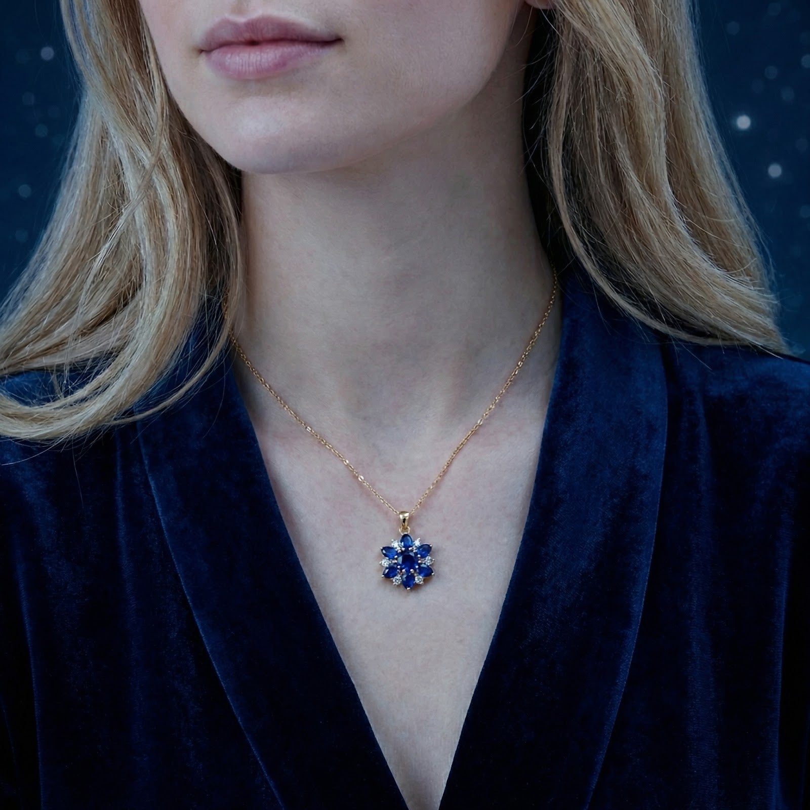 Gold floral cluster necklace with blue simulated sapphires worn by a model in a blue velvet robe.