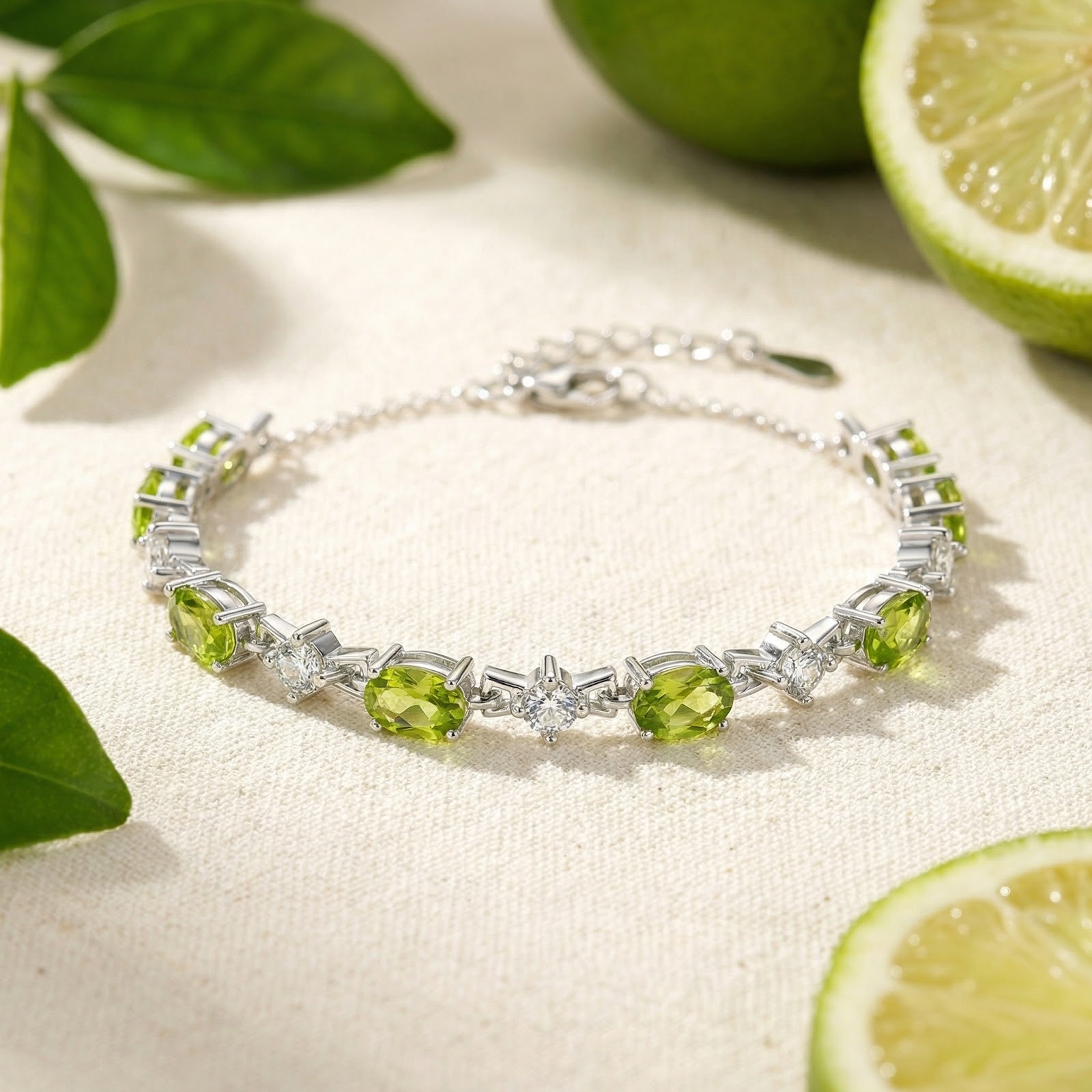 Sterling silver station bracelet with oval simulated peridot and round clear stones on a lifestyle background.