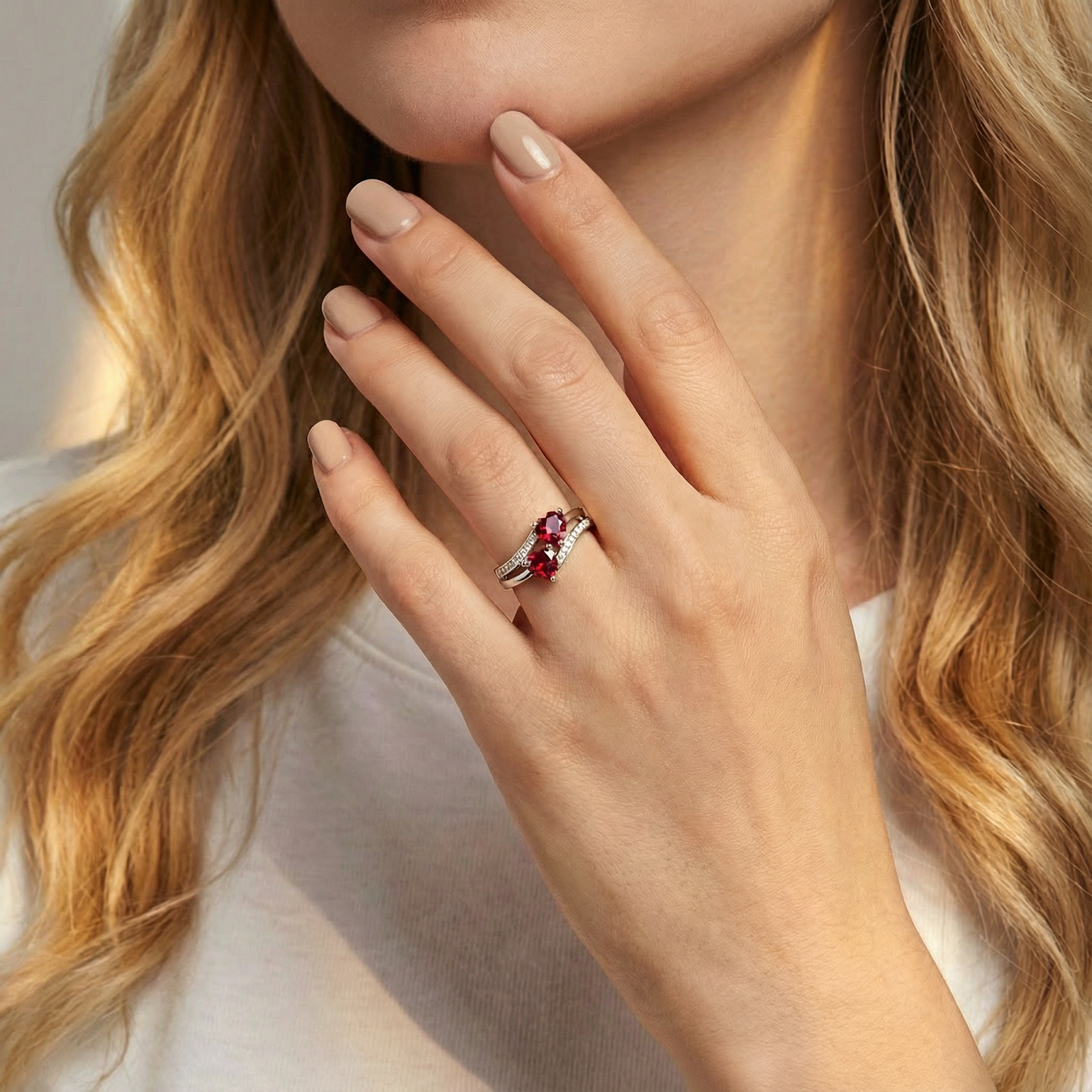 Model wearing the Elianara heart-shaped simulated ruby ring in S925 sterling silver on her ring finger.