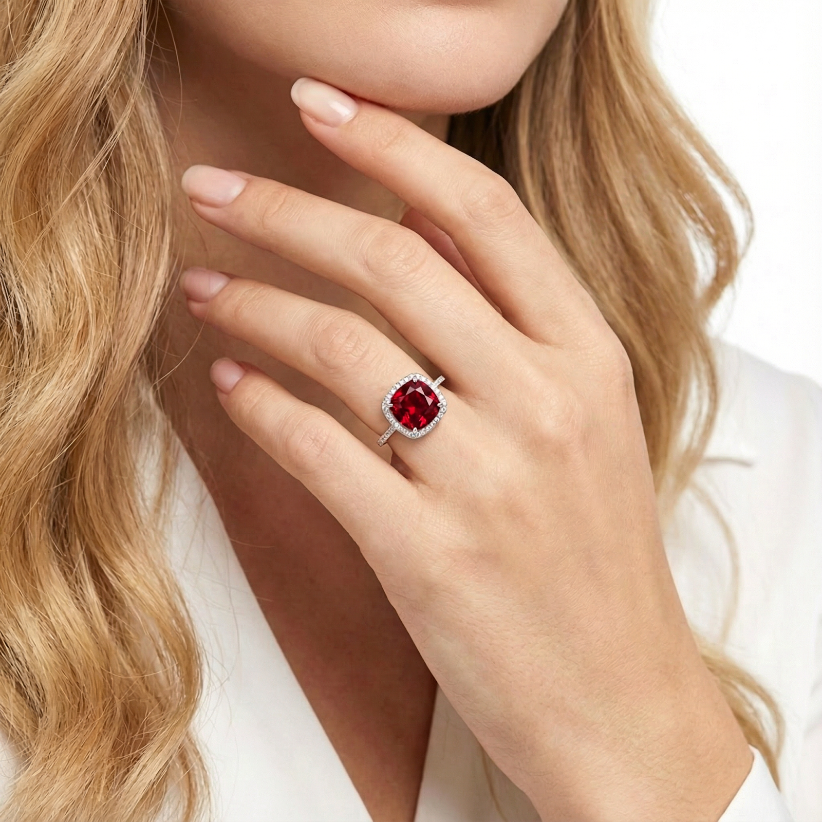 Woman wearing the Rosamund cushion-cut simulated ruby halo ring in sterling silver on her finger.